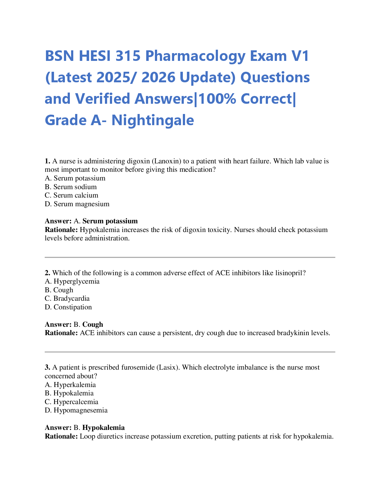 Preview image for BSN HESI 315 Pharmacology Exam V1  (Latest 2025/ 2026 Update) Questions  and Verified Answers|100% Correct|  Grade A- Nightingale