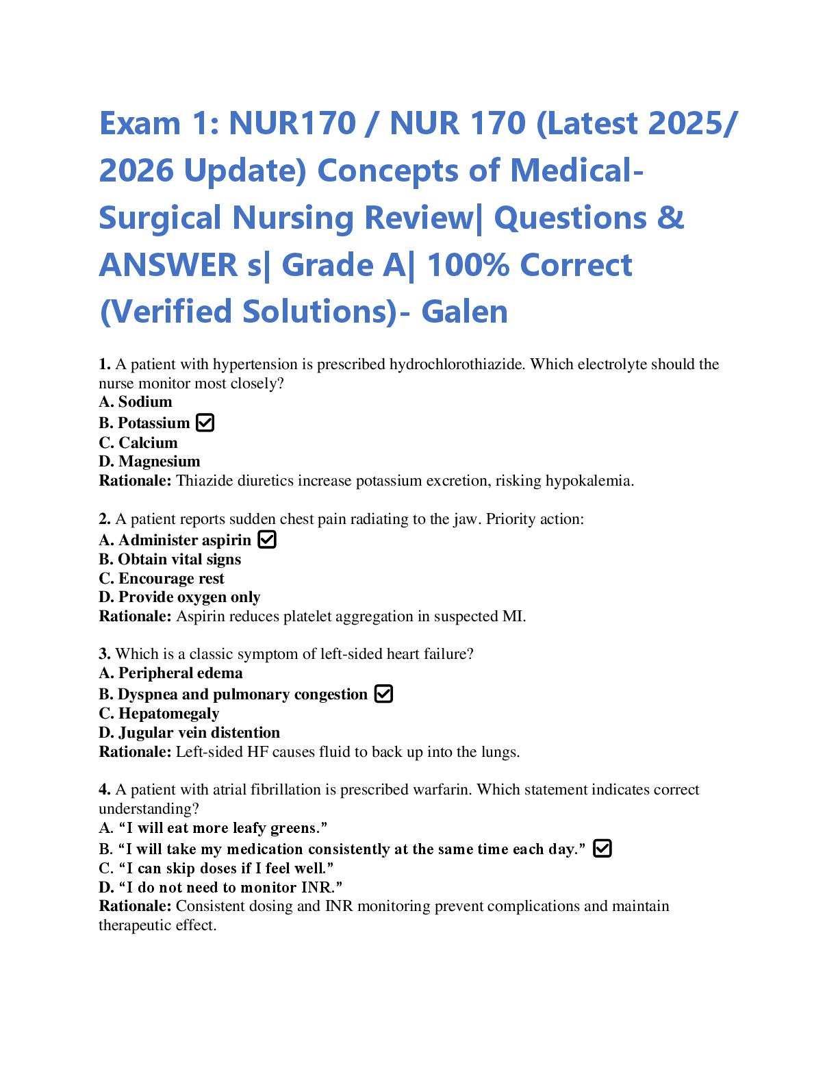 Preview image for Exam 1: NUR170 / NUR 170 (Latest 2025/  2026 Update) Concepts of Medical Surgical Nursing Review| Questions &  ANSWER s| Grade A| 100% Correct  (Verified Solutions)- Galen