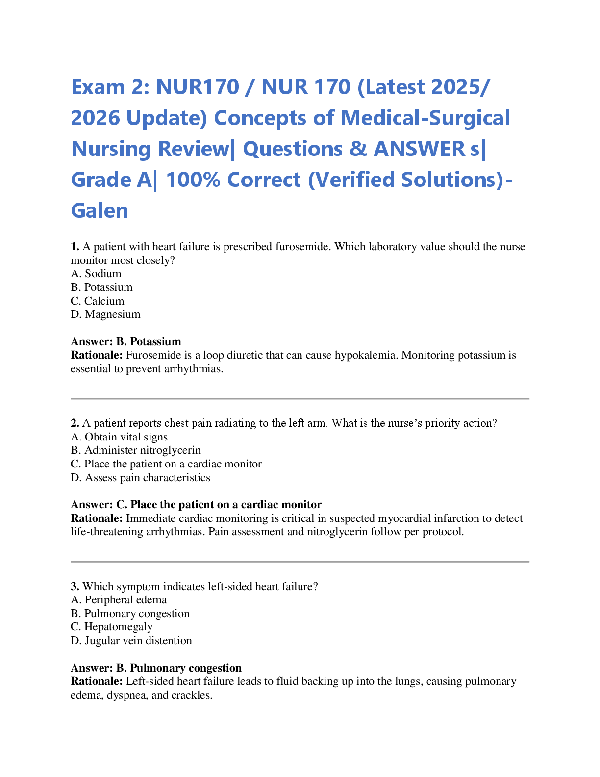 Preview image for Exam 2: NUR170 / NUR 170 (Latest 2025/  2026 Update) Concepts of Medical-Surgical  Nursing Review| Questions & ANSWER s|  Grade A| 100% Correct (Verified Solutions)-  Galen