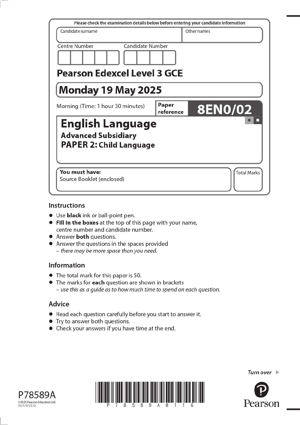 Preview image for 2025 Pearson Edexcel Level 3 GCE 8EN0/02 English Language Advanced Subsidiary PAPER 2: Child Language Question Paper + Mark Scheme