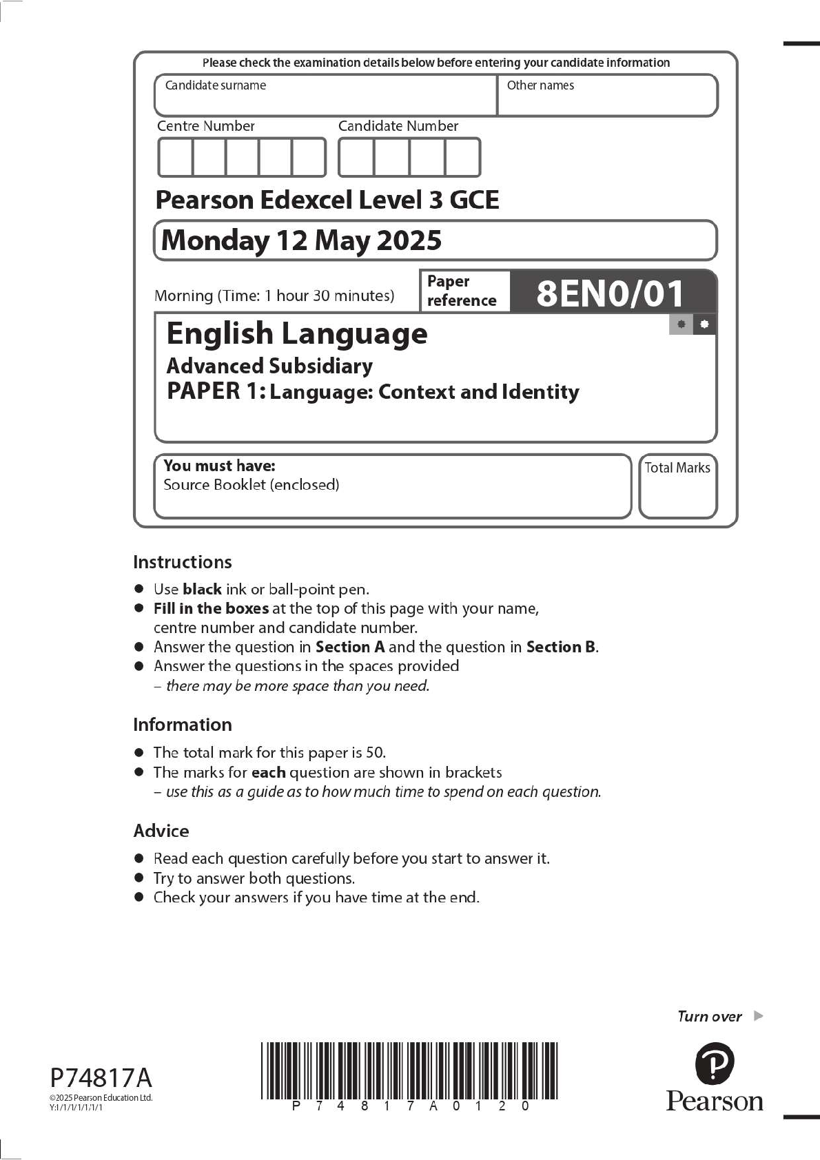 Preview image for 2025 Pearson Edexcel Level 3 GCE 8EN0/01 English Language Advanced Subsidiary PAPER 1: Language: Context and Identity Question Paper + Mark Scheme
