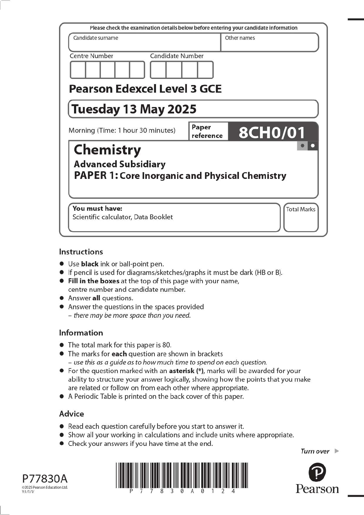 Preview image for 2025 Pearson Edexcel Level 3 GCE 8CH0/01 Chemistry Advanced Subsidiary PAPER 1: Core Inorganic and Physical Chemistry Question Paper + Mark Scheme