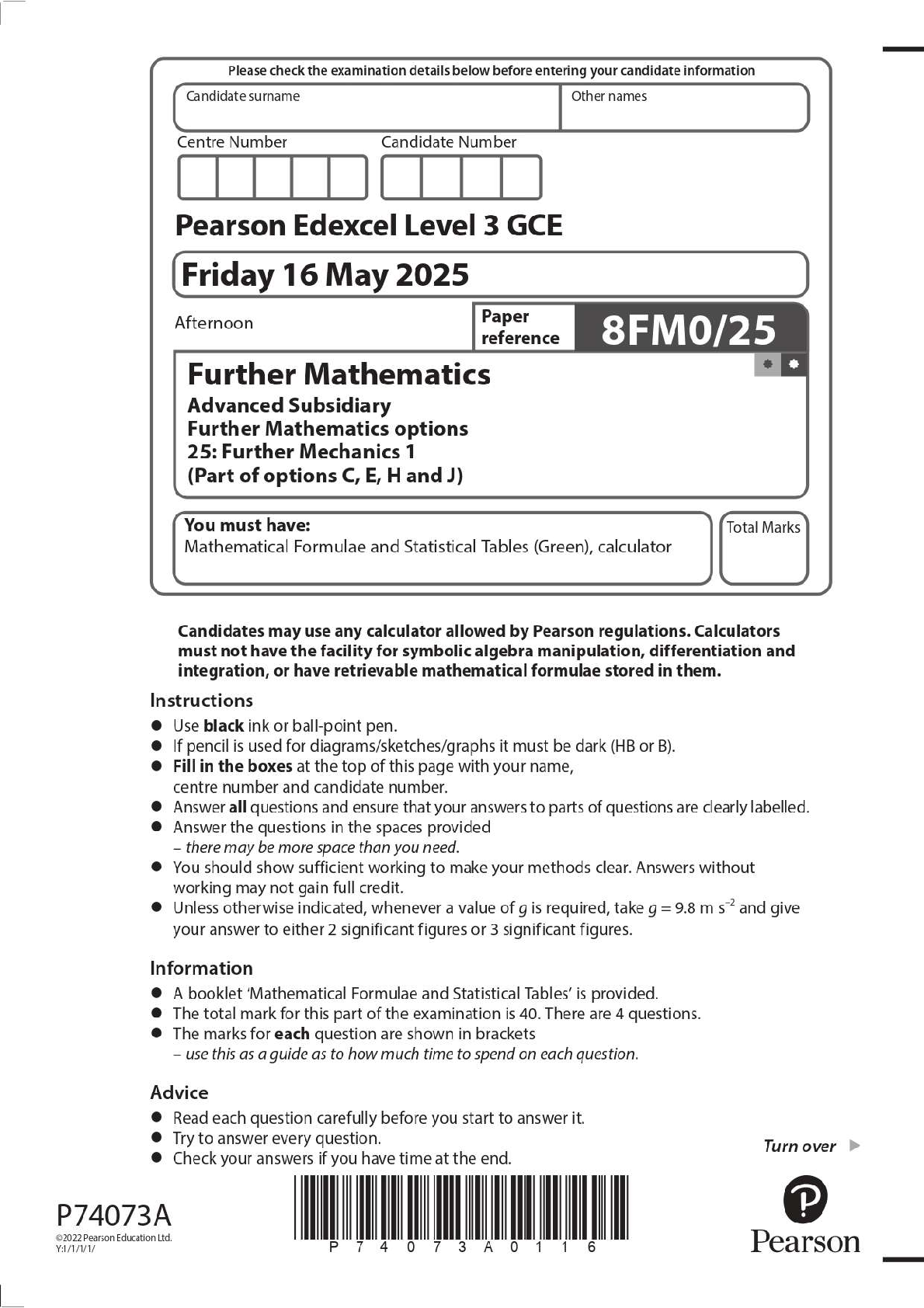 Preview image for 2025 Pearson Edexcel Level 3 GCE 8FM0/25 Further Mathematics Advanced Subsidiary Further Mathematics options 25: Further Mechanics 1 (Part of options C, E, H and J) Question Paper + Mark Scheme
