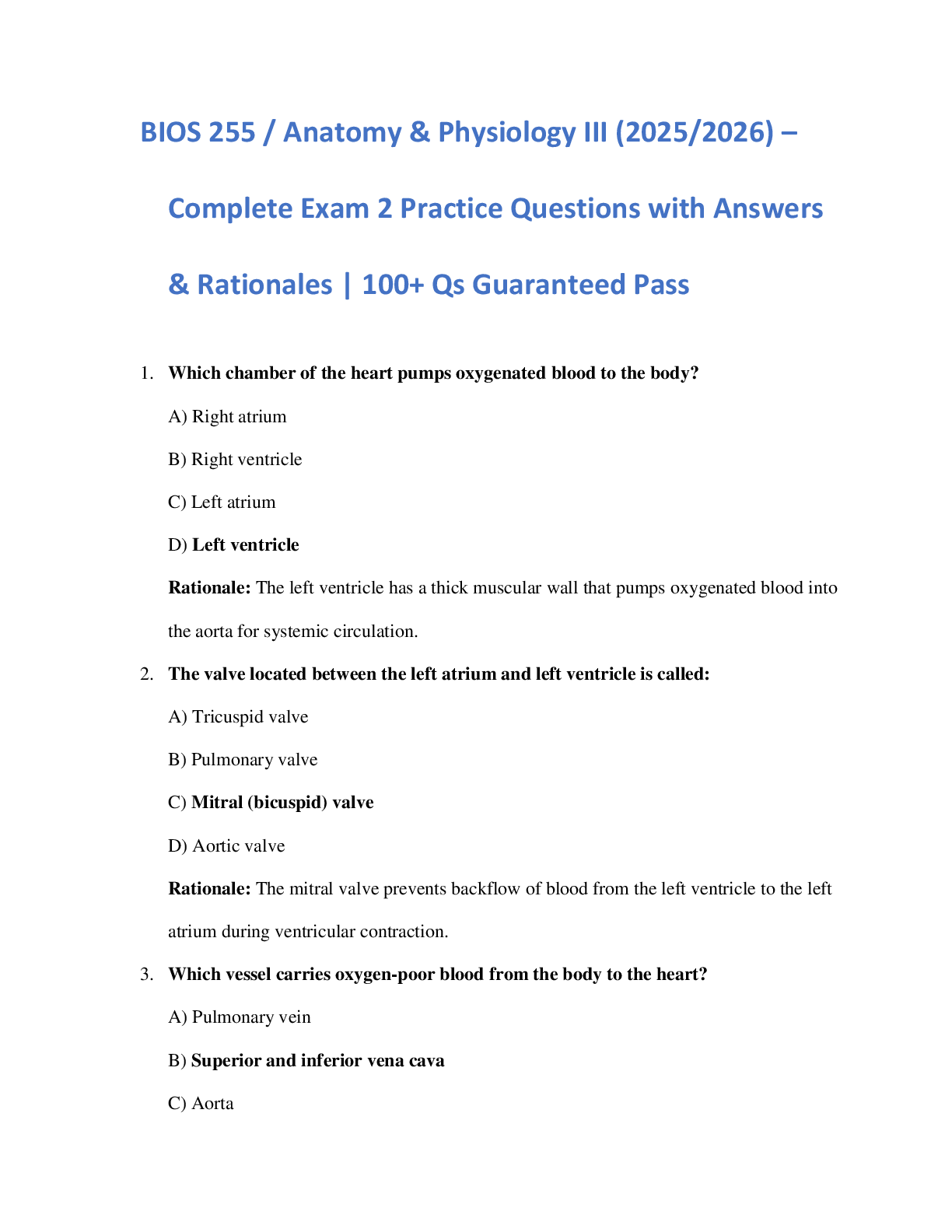 Preview image for BIOS 255 / Anatomy & Physiology III (2025/2026) –  Complete Exam 2 Practice Questions with Answers  & Rationales | 100+ Qs Guaranteed Pass