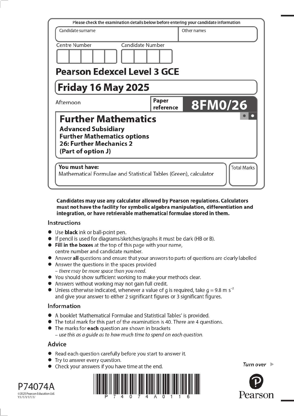 Preview image for 2025 Pearson Edexcel Level 3 GCE 8FM0/26 Further Mathematics Advanced Subsidiary Further Mathematics options 26: Further Mechanics 2 (Part of option J) Question Paper + Mark Scheme