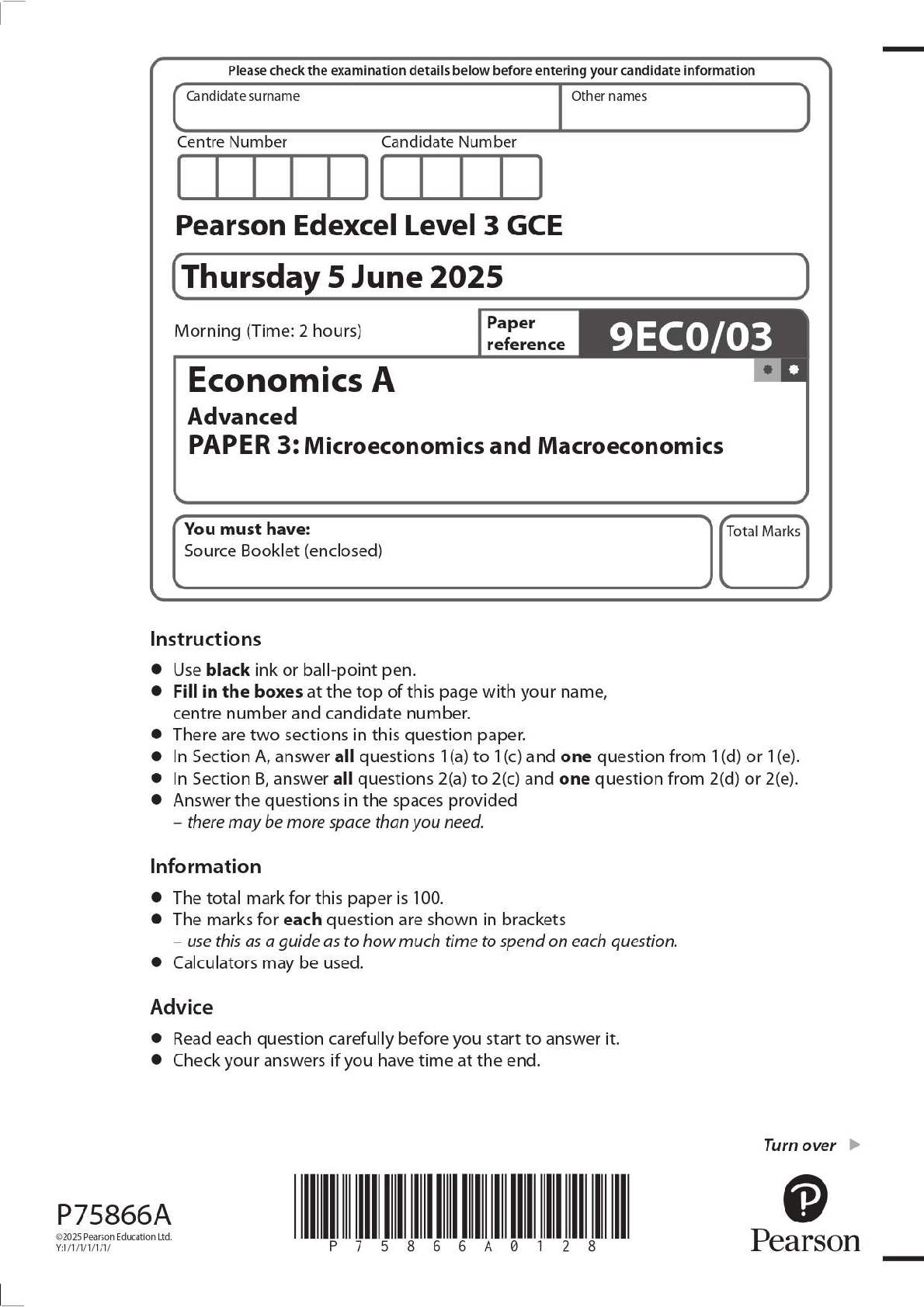 Preview image for 2025 Pearson Edexcel Level 3 GCE 9EC0/03 Economics A Advanced PAPER 3: Microeconomics and Macroeconomics Question Paper + Mark Scheme