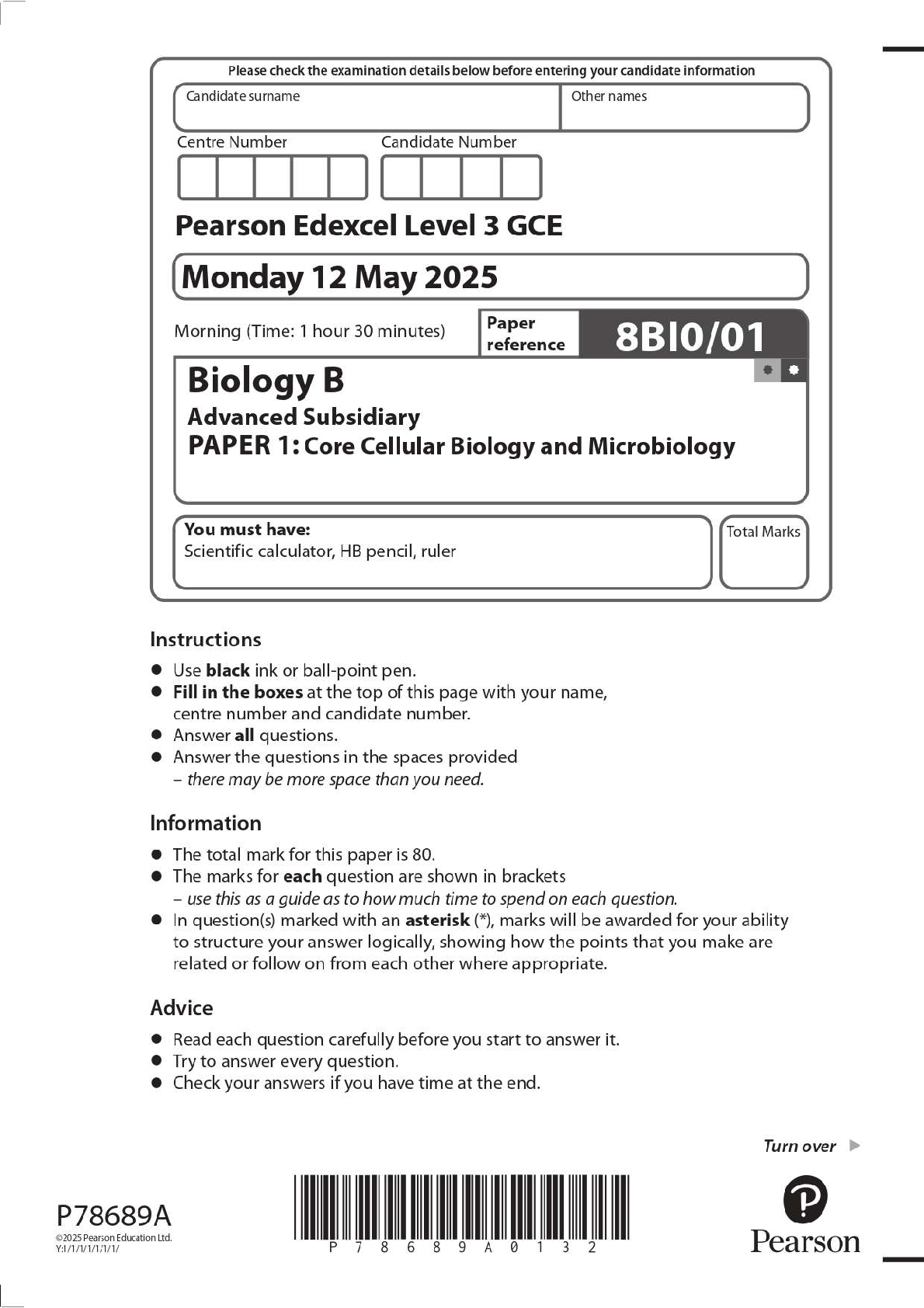 Preview image for 2025 Pearson Edexcel Level 3 GCE 8BI0/01 Biology B Advanced Subsidiary PAPER 1: Core Cellular Biology and Microbiology Question Paper + Mark Scheme