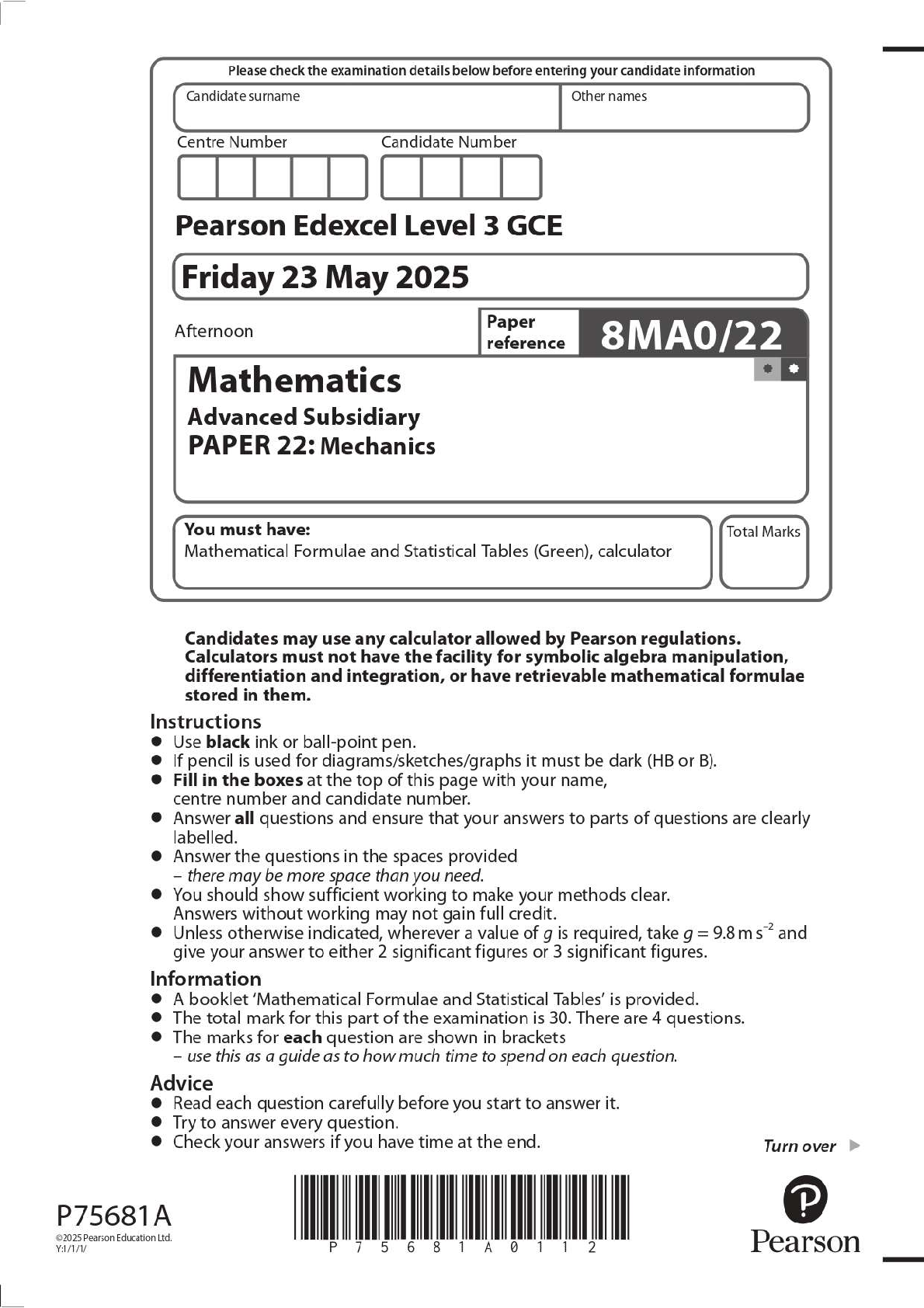 Preview image for 2025 Pearson Edexcel Level 3 GCE 8MA0/22 Mathematics Advanced Subsidiary PAPER 22: Mechanics Question Paper + Mark Scheme