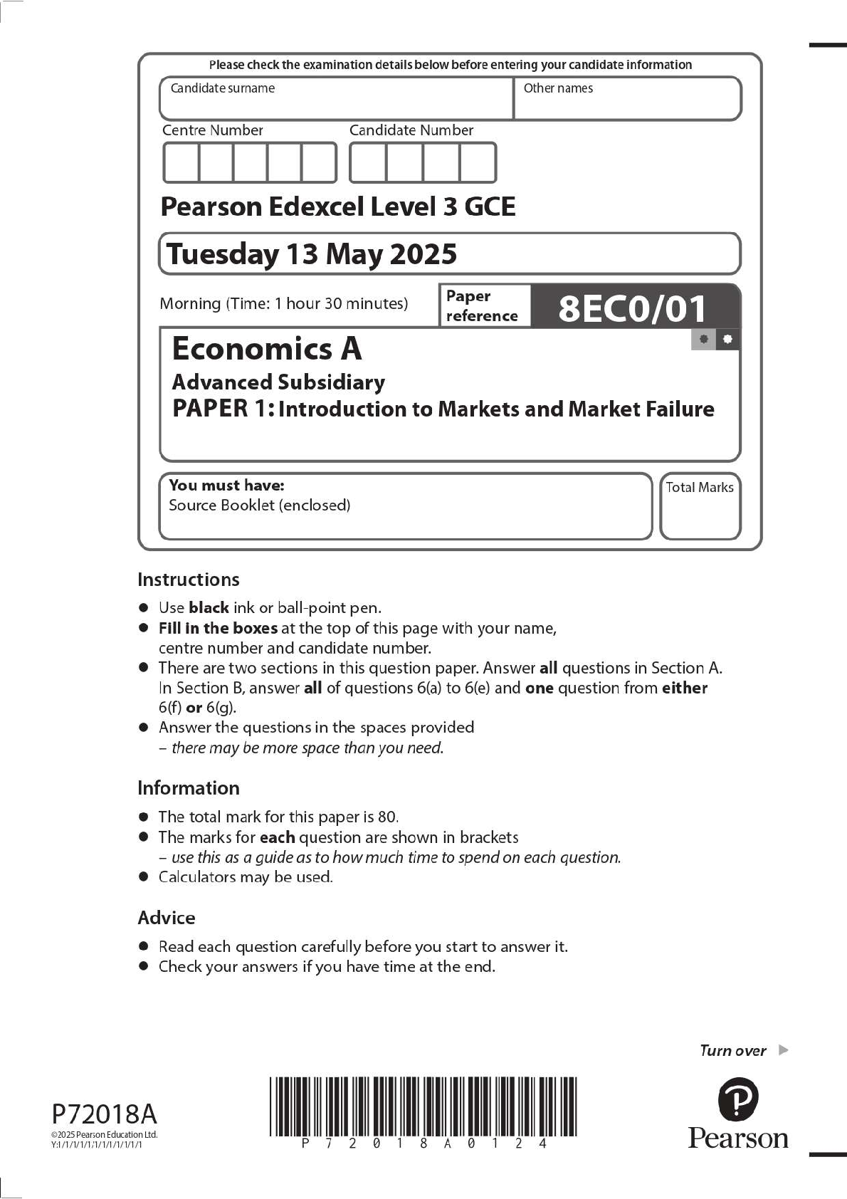Preview image for 2025 Pearson Edexcel Level 3 GCE 8EC0/01 Economics A Advanced Subsidiary PAPER 1: Introduction to Markets and Market Failure Question Paper + Mark Scheme