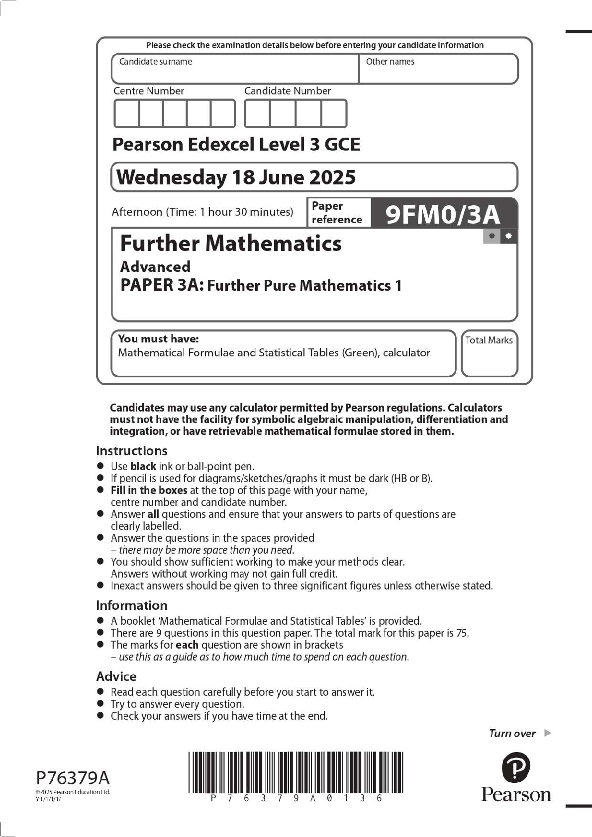 Preview image for 2025 Pearson Edexcel Level 3 GCE 9FM0/3A Further Mathematics Advanced PAPER 3A: Further Pure Mathematics 1 Question Paper + Mark Scheme