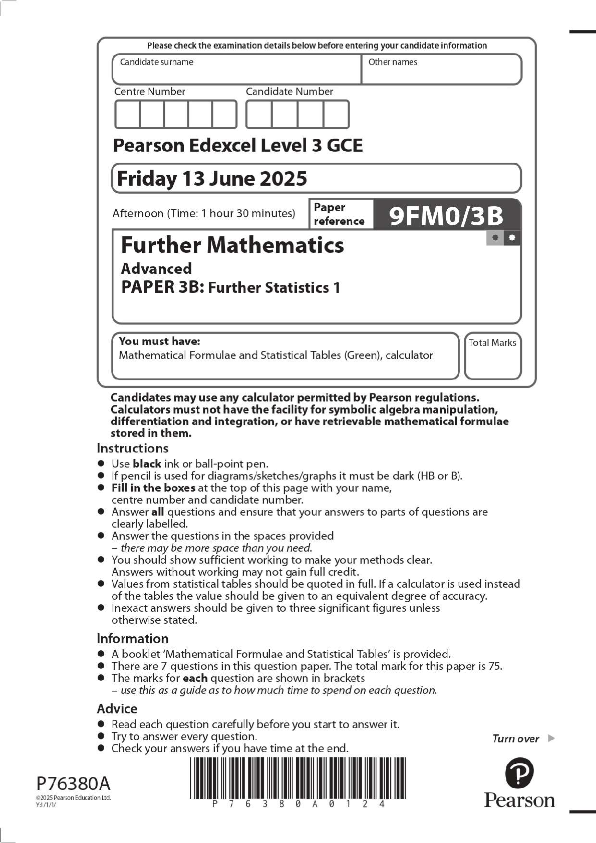 Preview image for 2025 Pearson Edexcel Level 3 GCE 9FM0/3B Further Mathematics Advanced PAPER 3B: Further Statistics 1 Question Paper + Mark Scheme