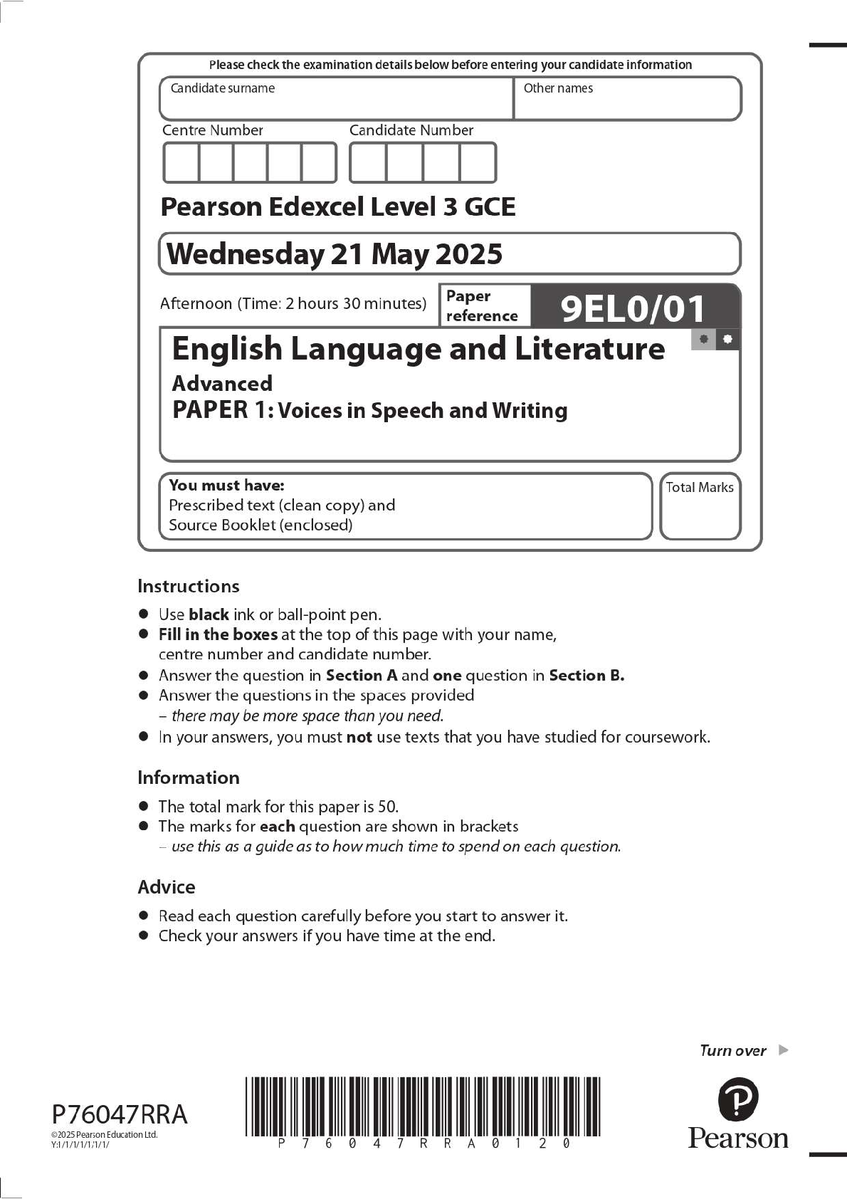 Preview image for 2025 Pearson Edexcel Level 3 GCE 9EL0/01 English Language and Literature Advanced PAPER 1: Voices in Speech and Writing Question Paper + Mark Scheme