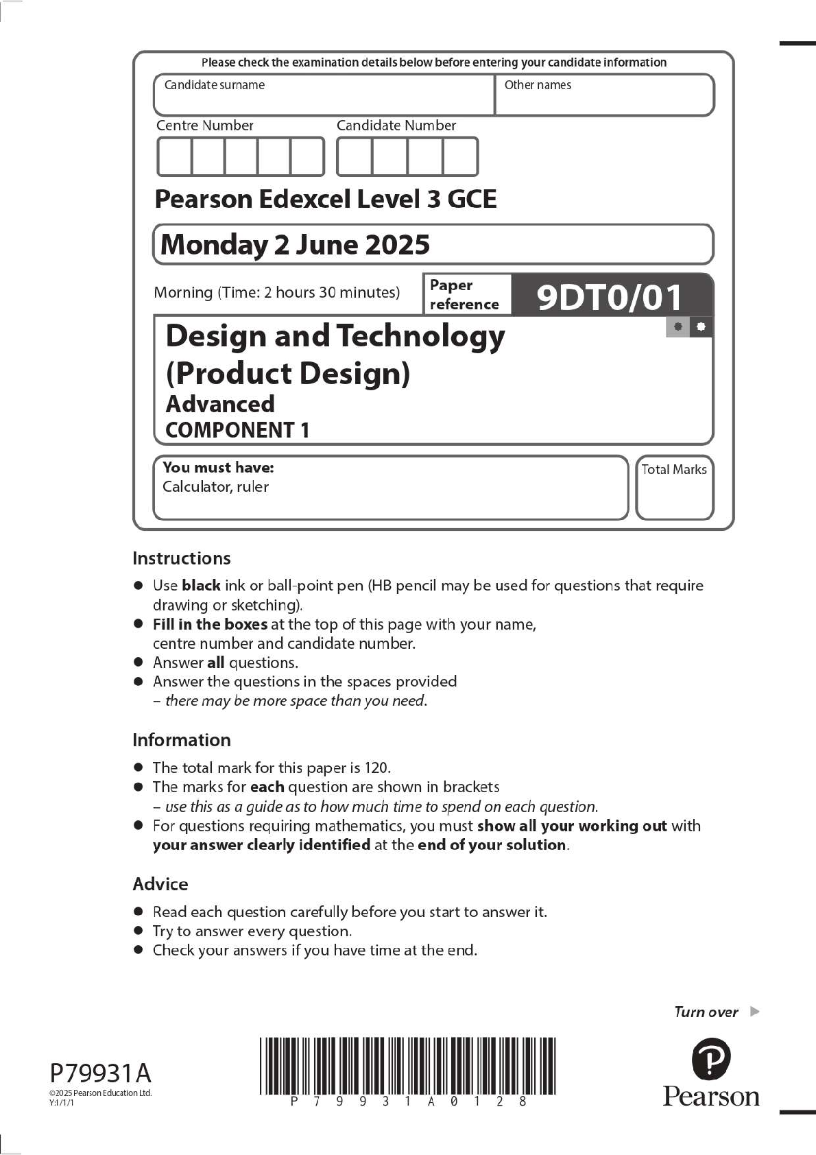 Preview image for 2025 Pearson Edexcel Level 3 GCE 9DT0/01 Design and Technology (Product Design) Advanced COMPONENT 1 Question Paper + Mark Scheme
