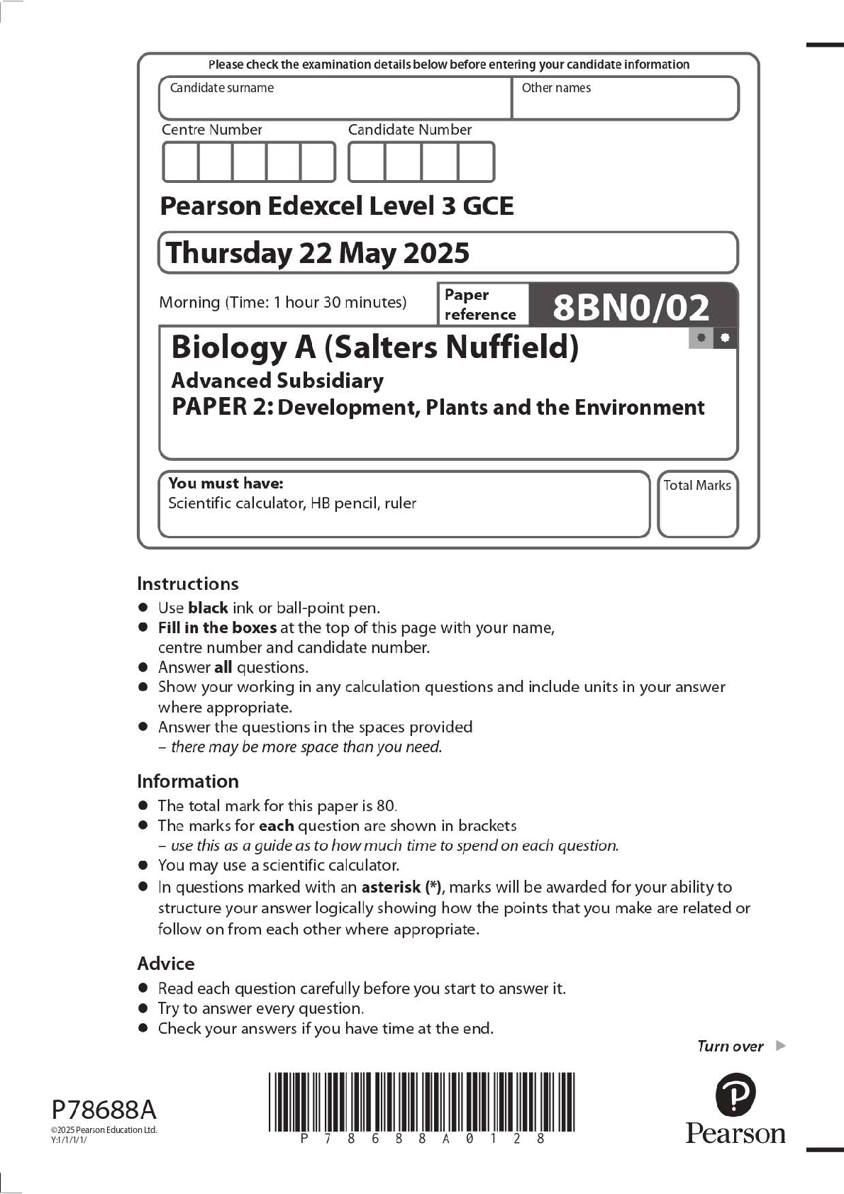 Preview image for 2025 Pearson Edexcel Level 3 GCE 8BN0/02 Biology A (Salters Nuffield) Advanced Subsidiary PAPER 2: Development, Plants and the Environment Question Paper + Mark Scheme