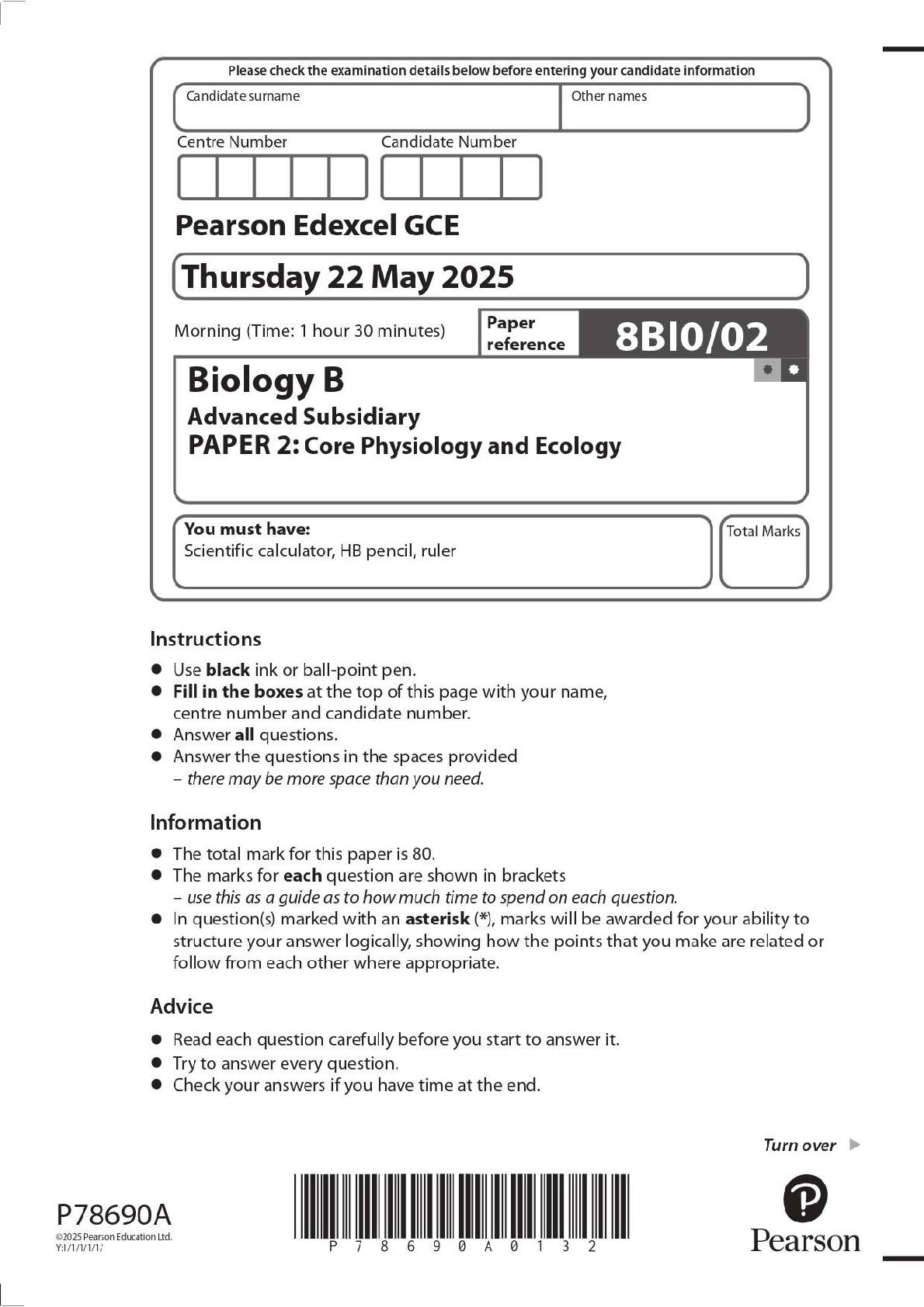 Preview image for 2025 Pearson Edexcel GCE 8BI0/02 Biology B Advanced Subsidiary PAPER 2: Core Physiology and Ecology Question Paper + Mark Scheme