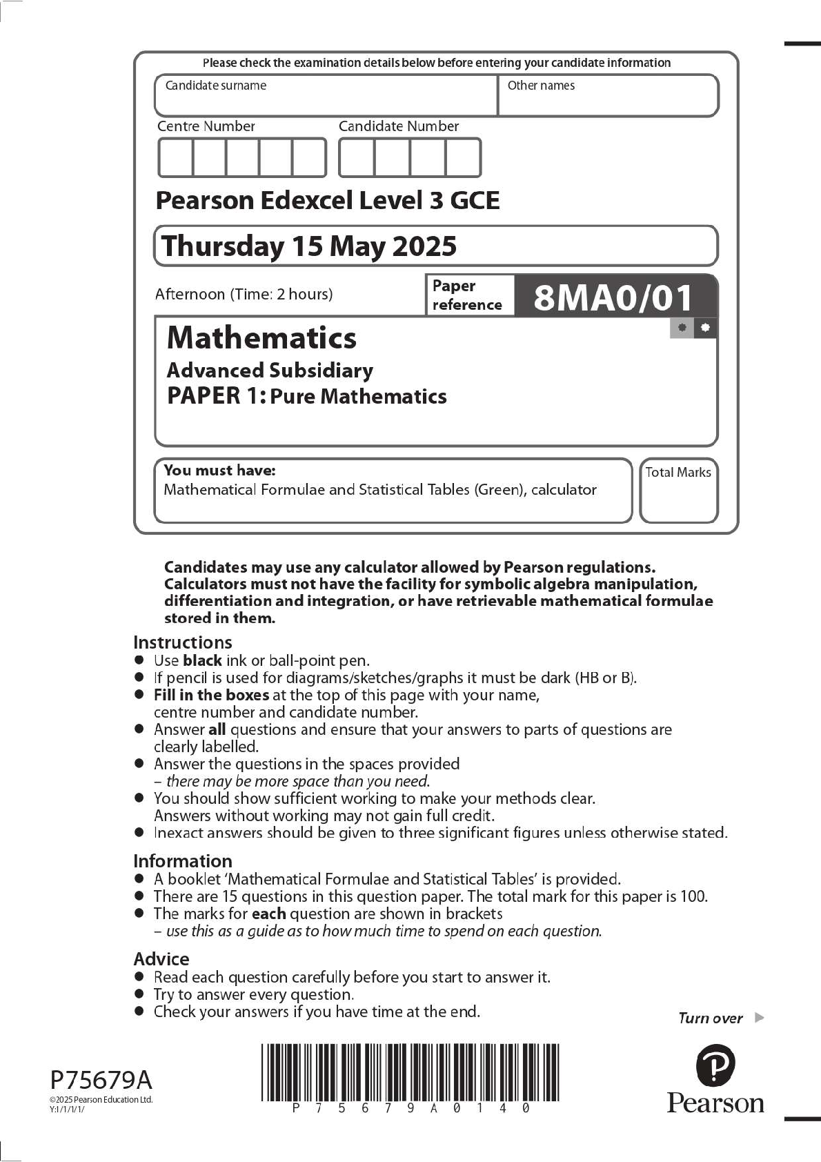 Preview image for 2025 Pearson Edexcel Level 3 GCE 8MA0/01 Mathematics Advanced Subsidiary PAPER 1: Pure Mathematics Question Paper + Mark Scheme
