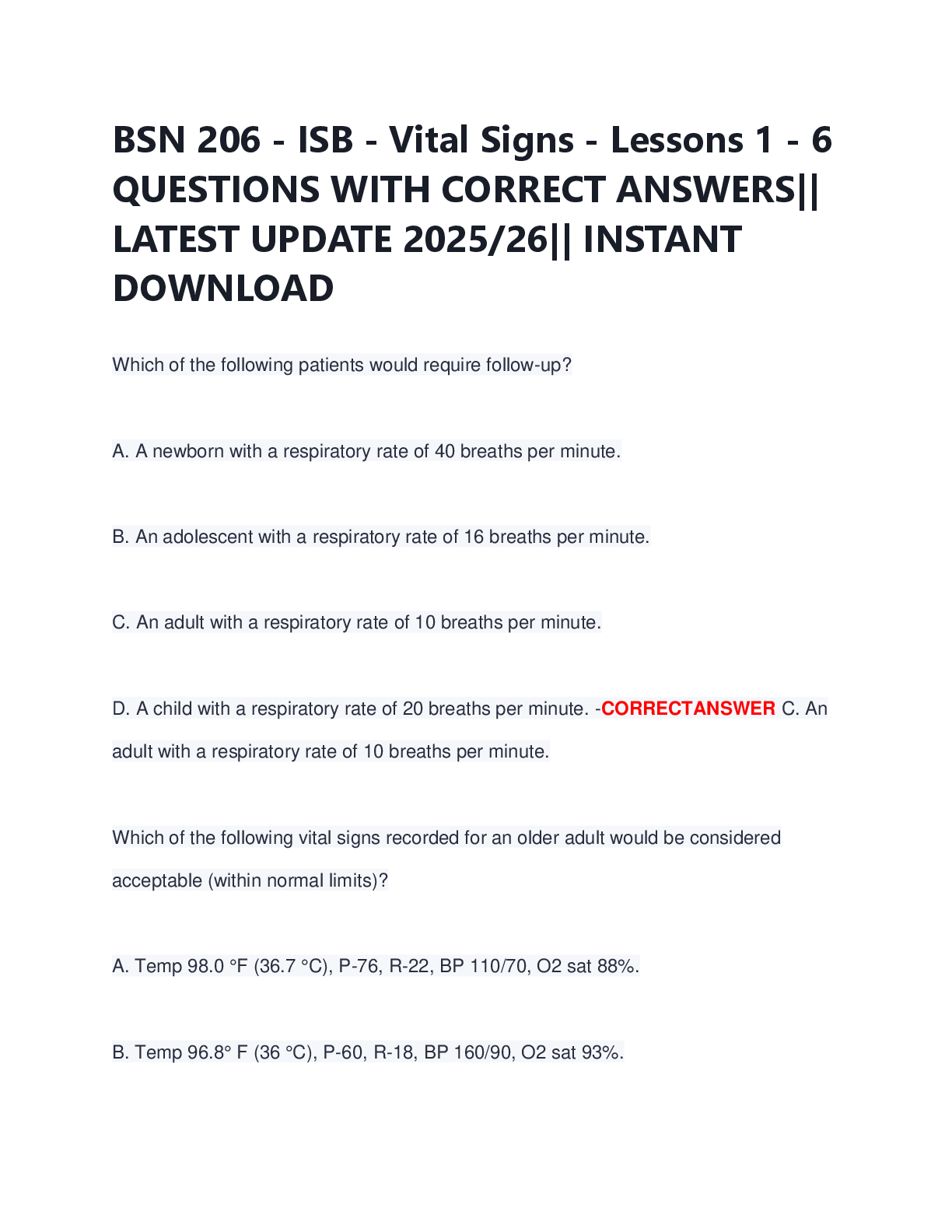 Preview image for BSN 206 - ISB - Vital Signs - Lessons 1 - 6  QUESTIONS WITH CORRECT ANSWERS||  LATEST UPDATE 2025/26|| INSTANT  DOWNLOAD