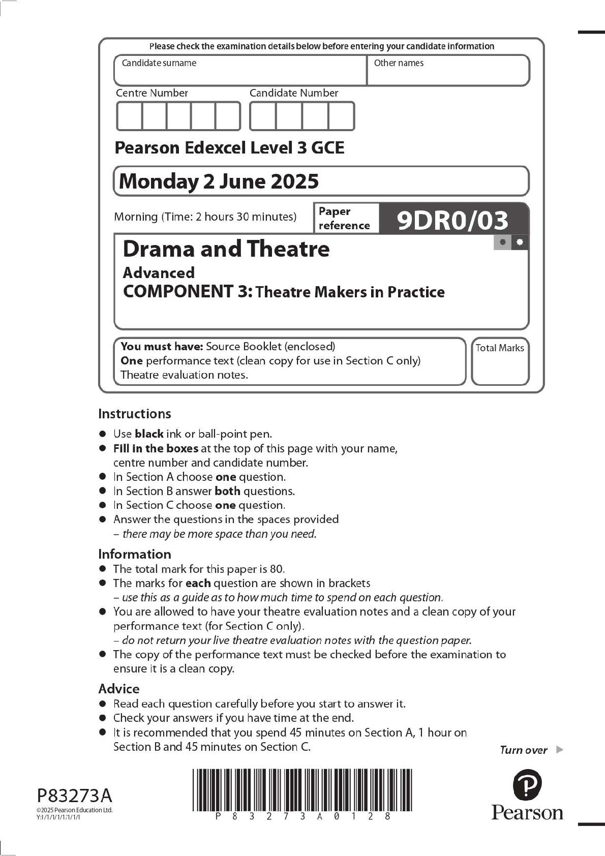 Preview image for 2025 Pearson Edexcel Level 3 GCE 9DR0/03 Drama and Theatre Advanced COMPONENT 3: Theatre Makers in Practice Question Paper + Mark Scheme