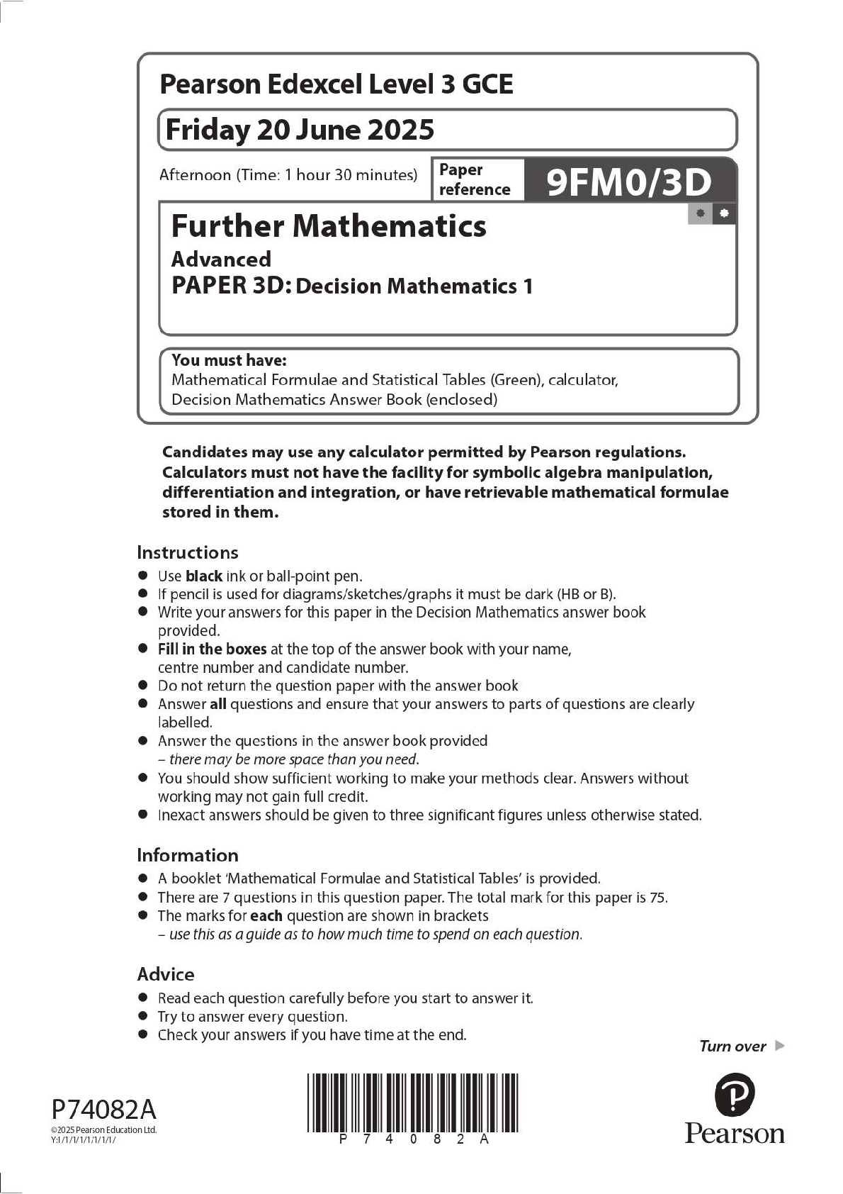 Preview image for 2025 Pearson Edexcel Level 3 GCE 9FM0/3D Further Mathematics Advanced PAPER 3D: Decision Mathematics 1 Question Paper + Mark Scheme