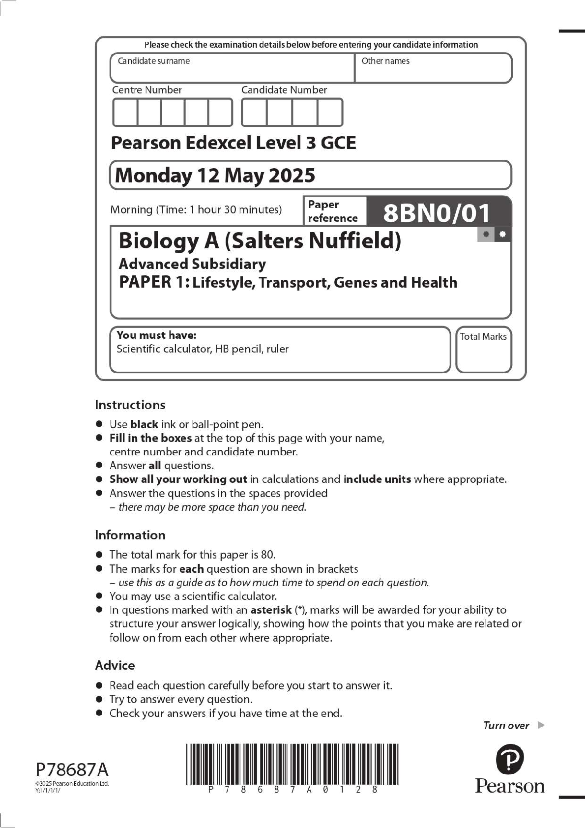 Preview image for 2025 Pearson Edexcel Level 3 GCE 8BN0/01 Biology A (Salters Nuffield) Advanced Subsidiary PAPER 1: Lifestyle, Transport, Genes and Health Question Paper + Mark Scheme