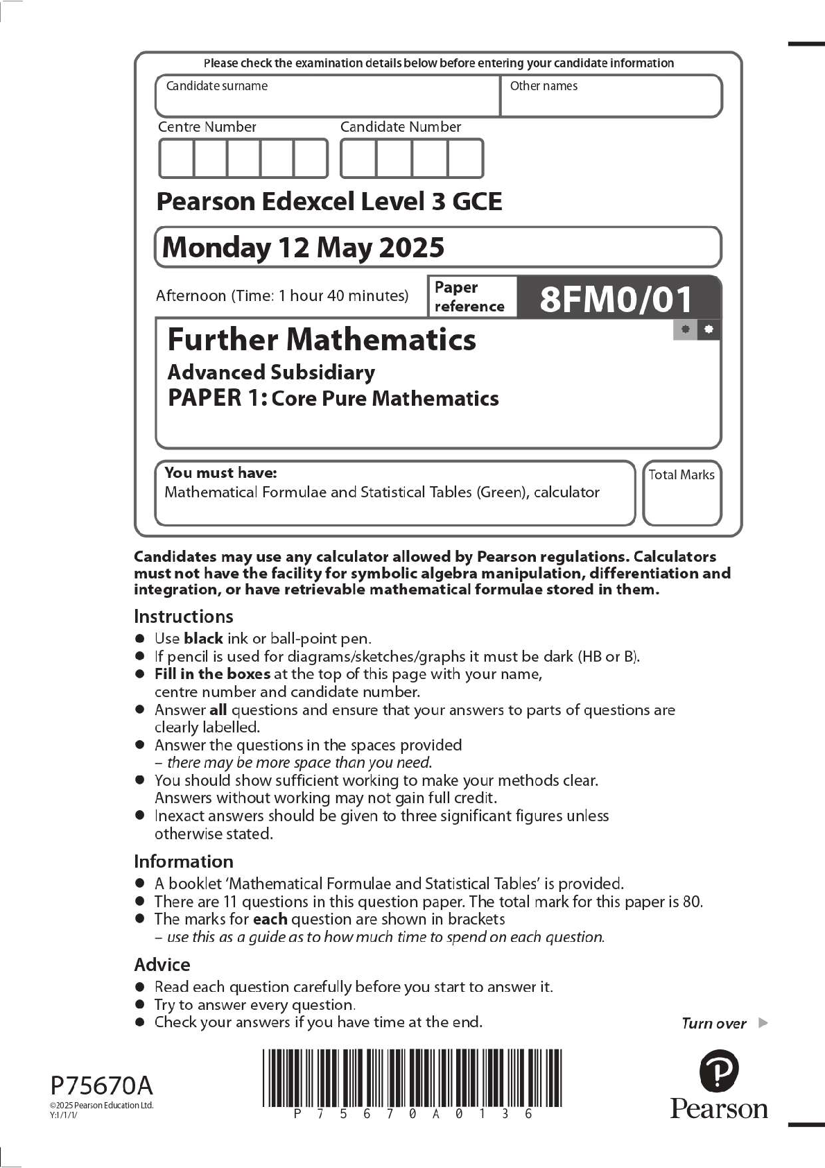 Preview image for 2025 Pearson Edexcel Level 3 GCE 8FM0/01 Further Mathematics Advanced Subsidiary PAPER 1: Core Pure Mathematics Question Paper + Mark Scheme