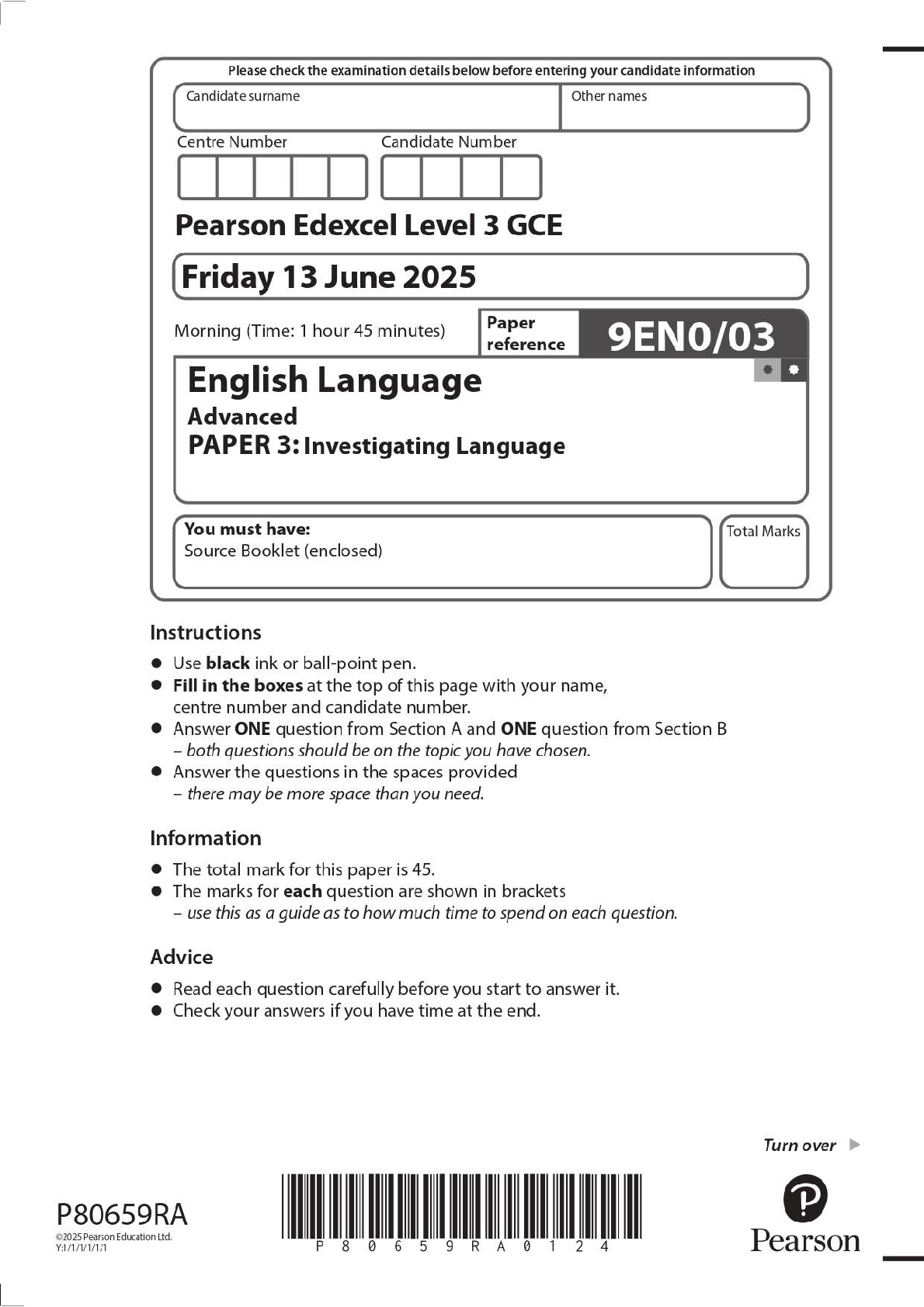 Preview image for 2025 Pearson Edexcel Level 3 GCE 9EN0/03 English Language Advanced PAPER 3: Investigating Language Question Paper + Mark Scheme