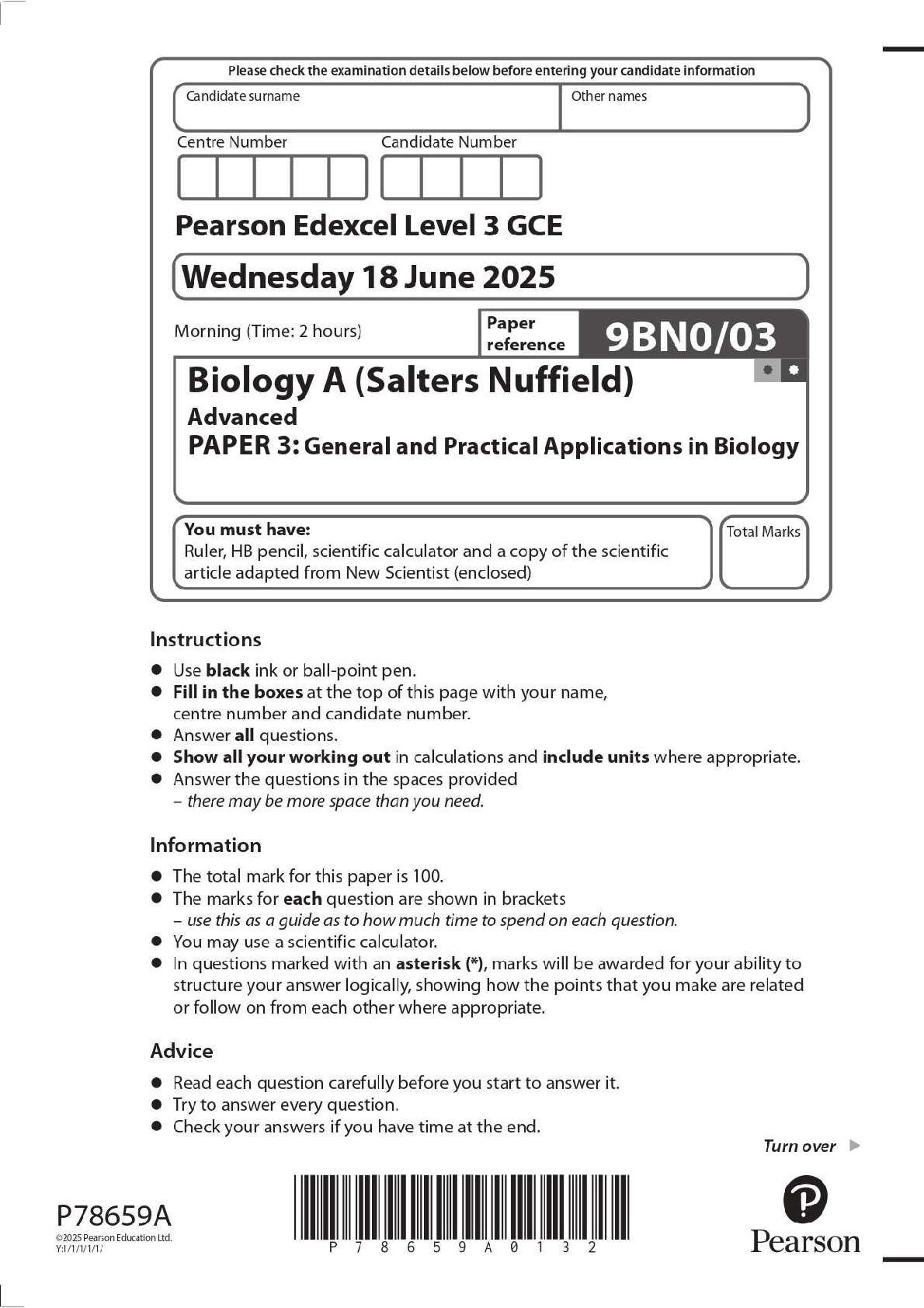 Preview image for 2025 Pearson Edexcel Level 3 GCE 9BN0/03 Biology A (Salters Nuffield) Advanced PAPER 3: General and Practical Applications in Biology Question Paper + Mark Scheme