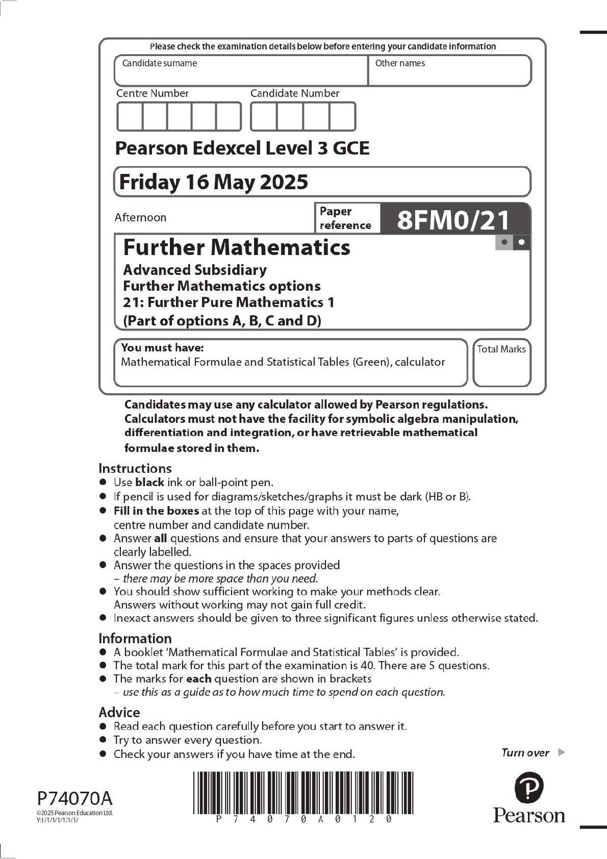 Preview image for 2025 Pearson Edexcel Level 3 GCE 8FM0/21 Further Mathematics Advanced Subsidiary Further Mathematics options 21: Further Pure Mathematics 1 (Part of options A, B, C and D) Question Paper + Mark Scheme