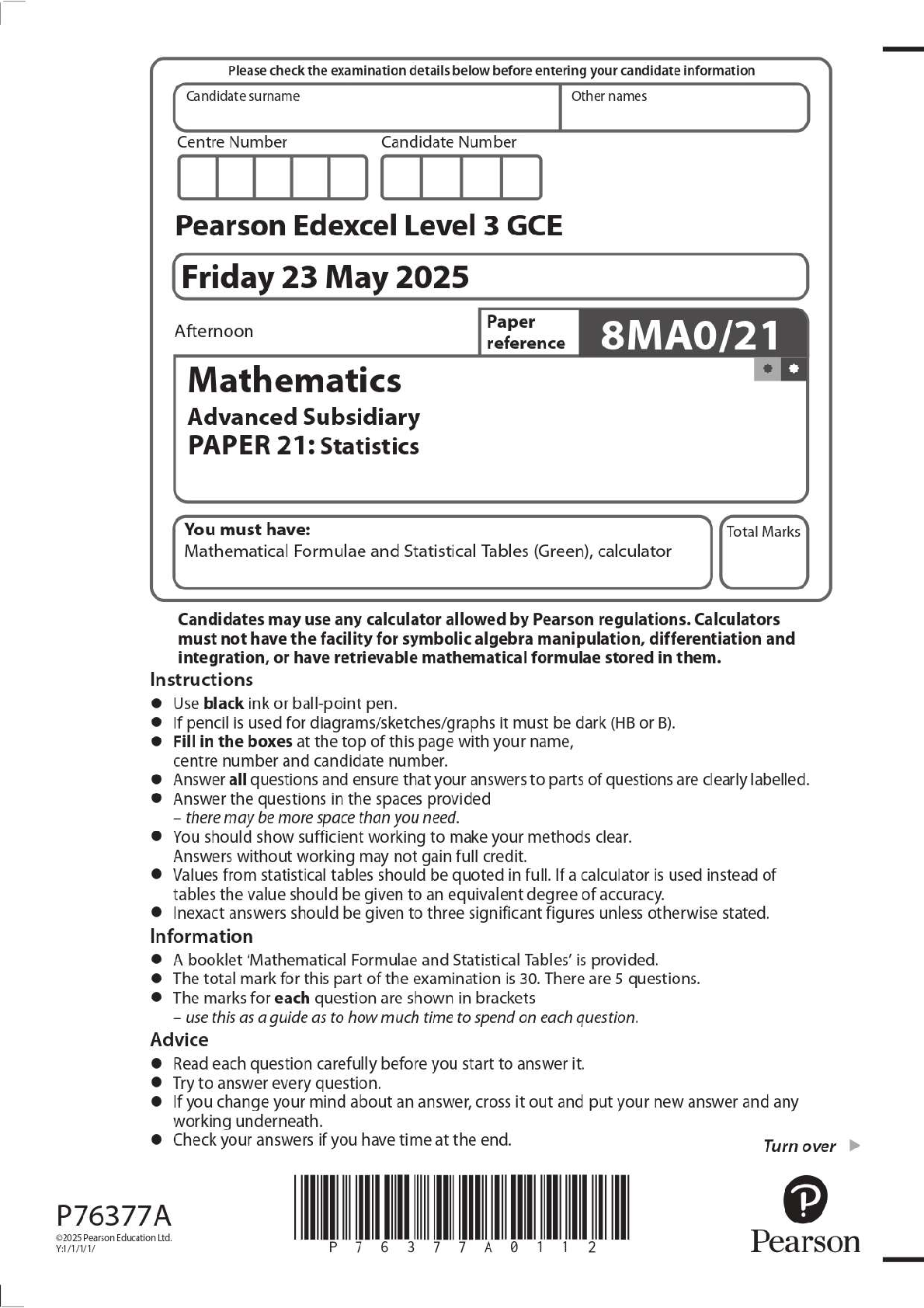 Preview image for 2025 Pearson Edexcel Level 3 GCE 8MA0/21 Mathematics Advanced Subsidiary PAPER 21: Statistics Question Paper + Mark Scheme