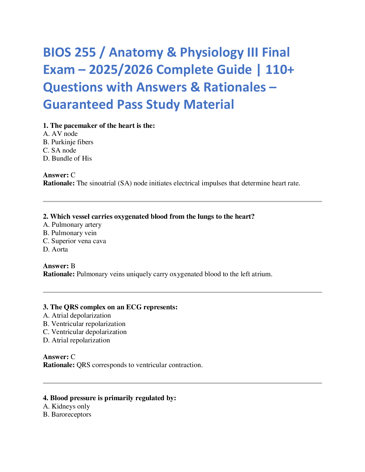 Preview image for BIOS 255 / Anatomy & Physiology III Final  Exam – 2025/2026 Complete Guide | 110+  Questions with Answers & Rationales –  Guaranteed Pass Study Material