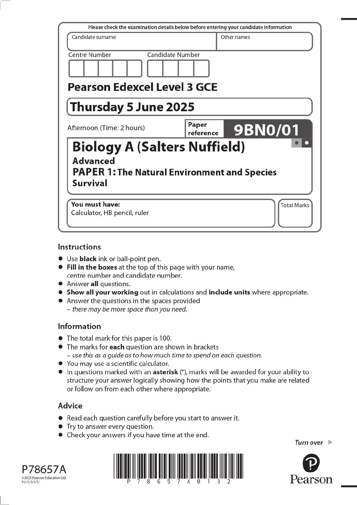 Preview image for 2025 Pearson Edexcel Level 3 GCE 9BN0/01 Biology A (Salters Nuffield) Advanced PAPER 1: The Natural Environment and Species Survival Question Paper + Mark Scheme
