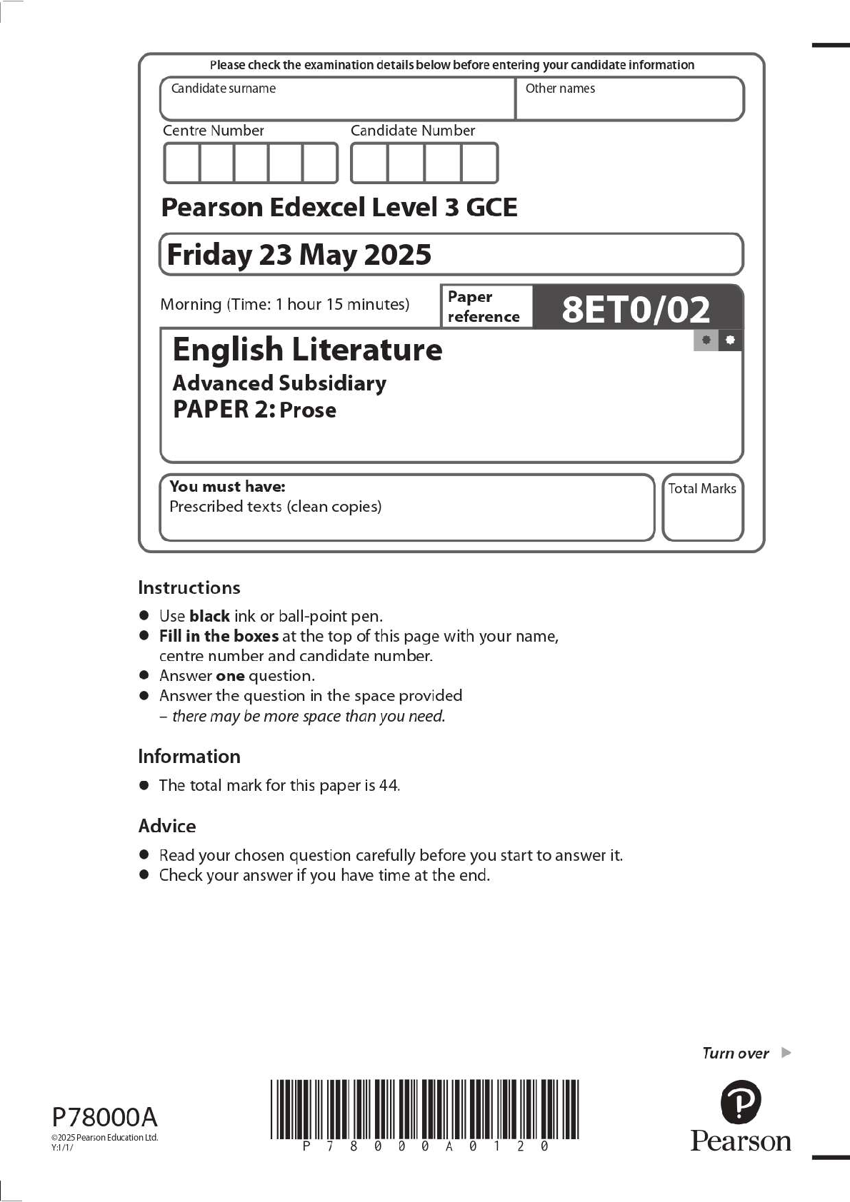 Preview image for 2025 Pearson Edexcel Level 3 GCE 8ET0/02 English Literature Advanced Subsidiary PAPER 2: Prose Question Paper + Mark Scheme