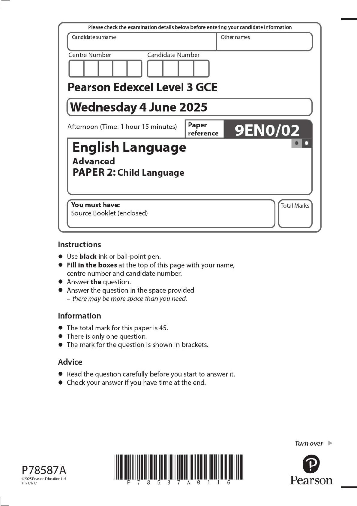 Preview image for 2025 Pearson Edexcel Level 3 GCE 9EN0/02 English Language Advanced PAPER 2: Child Language Question Paper + Mark Scheme