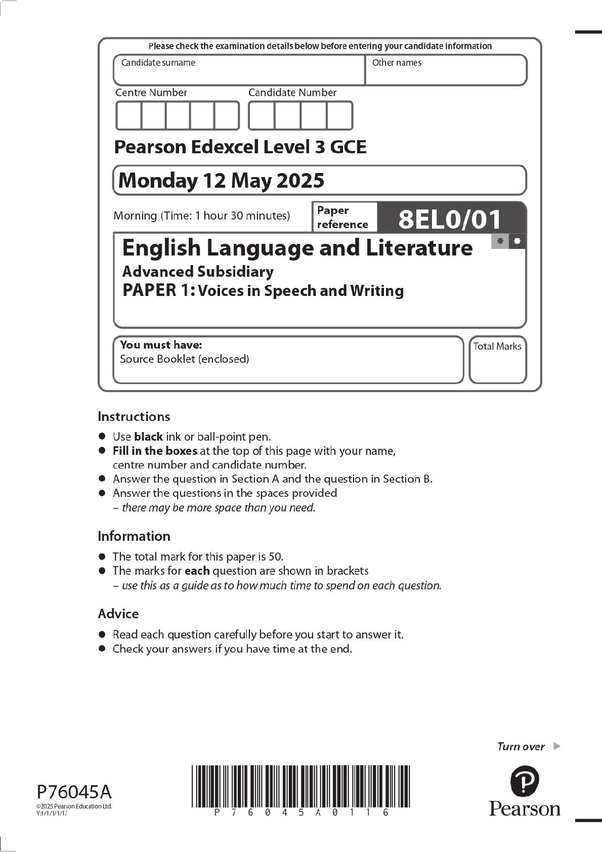Preview image for 2025 Pearson Edexcel Level 3 GCE 8EL0/01 English Language and Literature Advanced Subsidiary PAPER 1: Voices in Speech and Writing Question Paper + Mark Scheme
