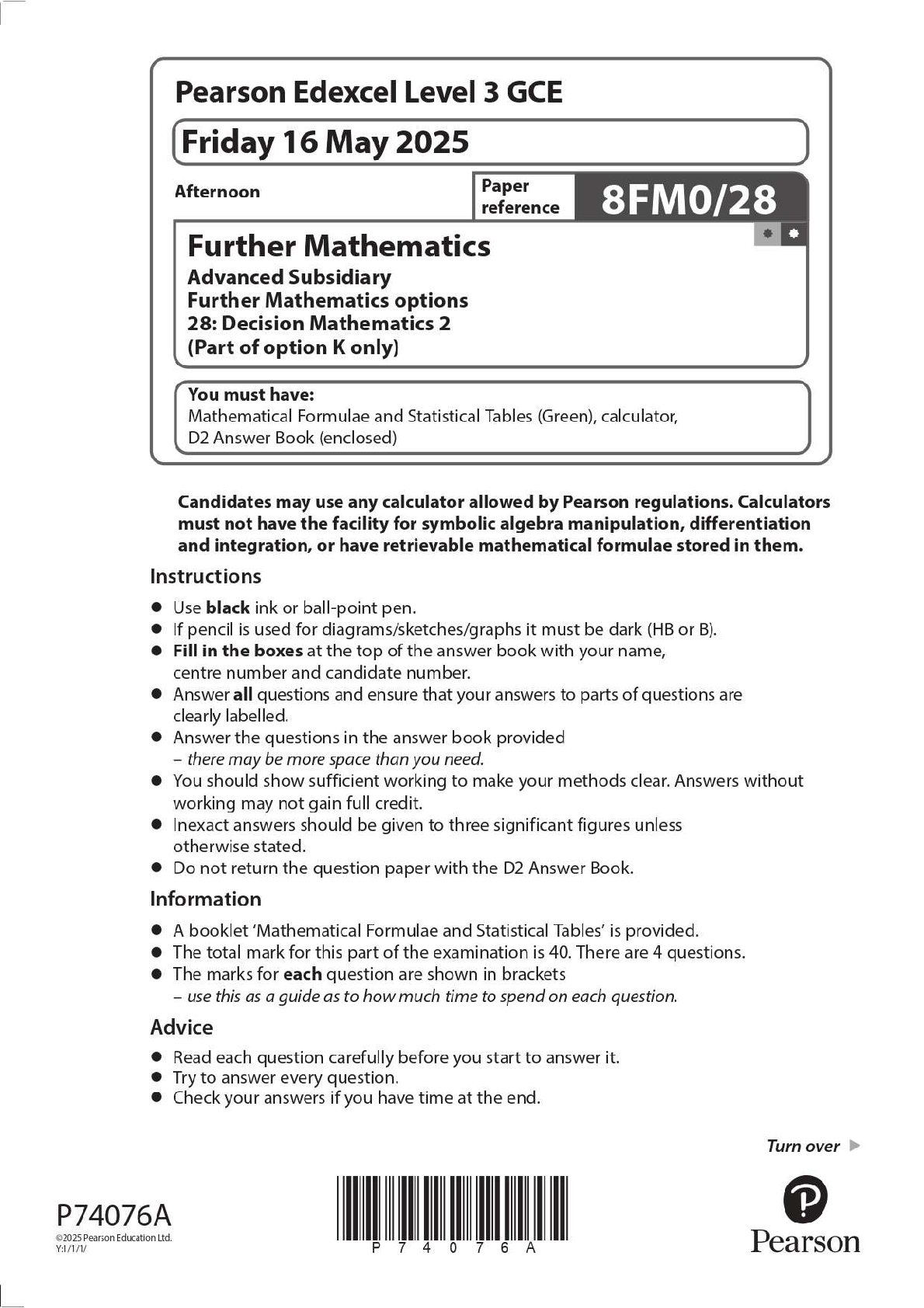 Preview image for 2025 Pearson Edexcel Level 3 GCE 8FM0/28 Further Mathematics Advanced Subsidiary Further Mathematics options 28: Decision Mathematics 2 (Part of option K only)