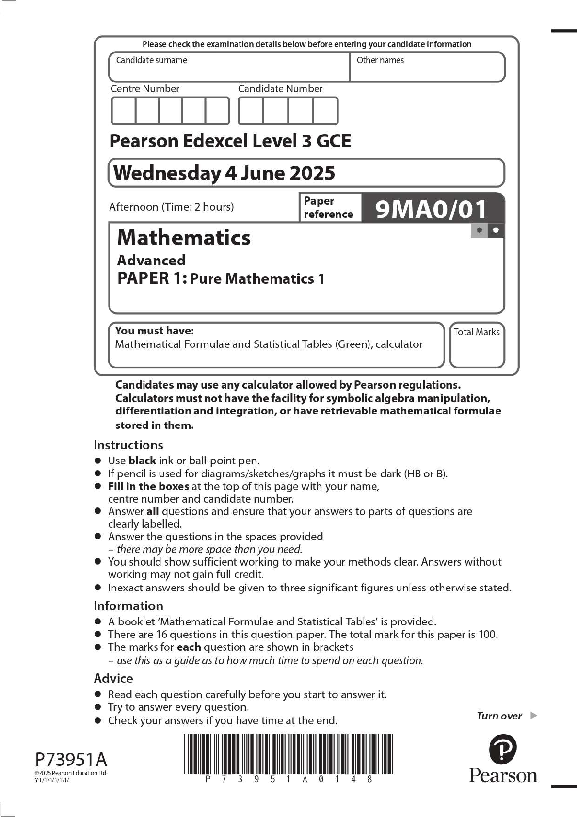 Preview image for 2025 Pearson Edexcel Level 3 GCE 9MA0/01 Mathematics Advanced PAPER 1: Pure Mathematics 1 Question Paper + Mark Scheme