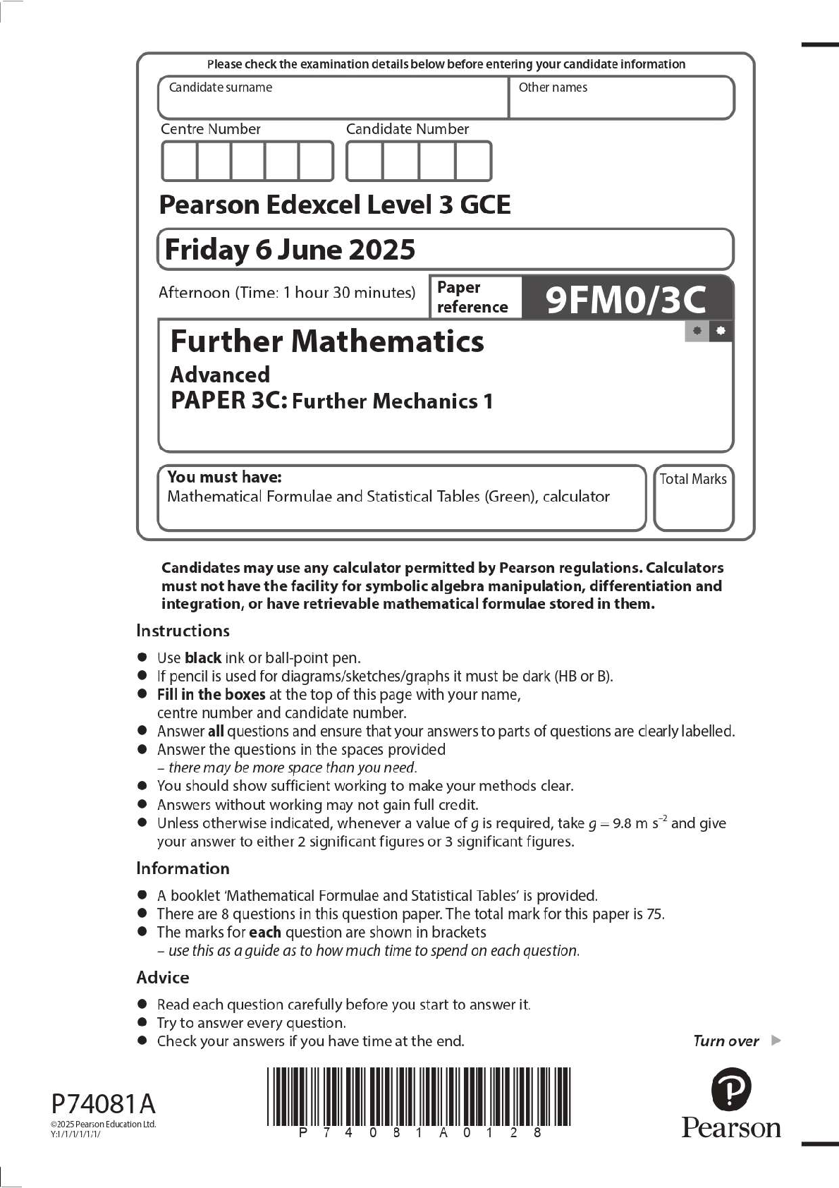 Preview image for 2025 Pearson Edexcel Level 3 GCE 9FM0/3C Further Mathematics Advanced PAPER 3C: Further Mechanics 1 Question Paper + Mark Scheme