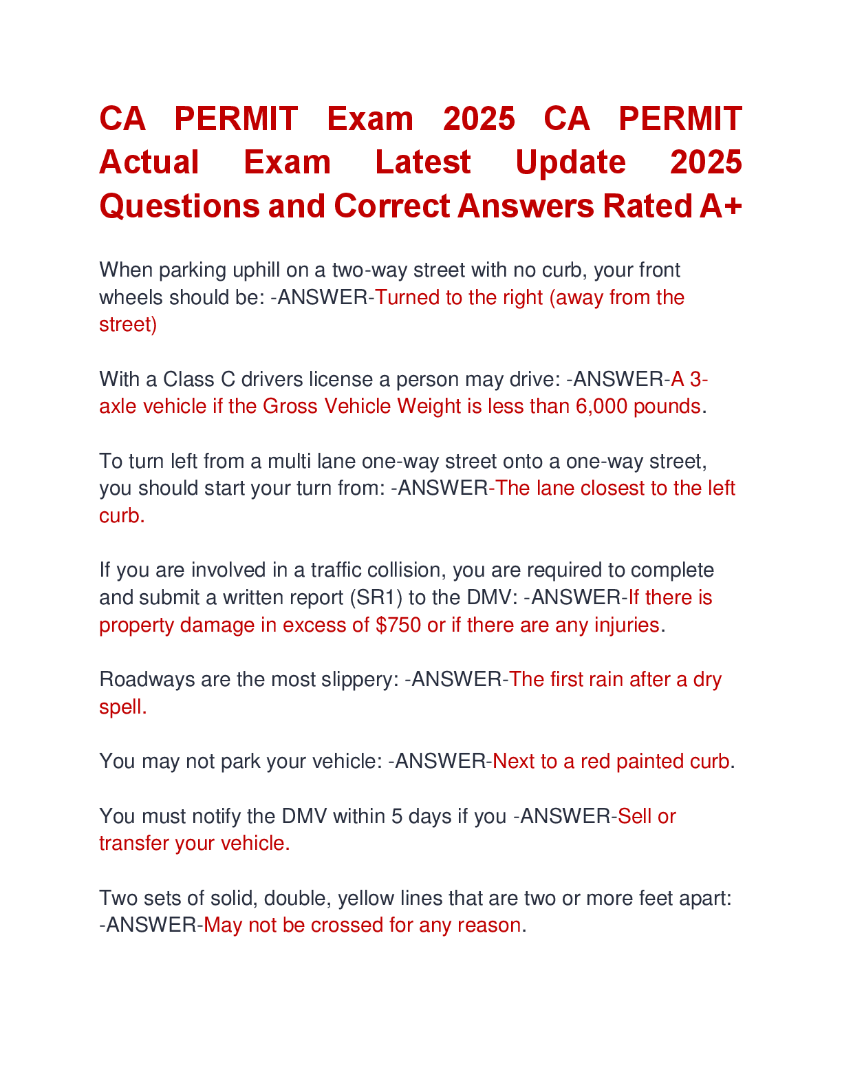 Preview image for CA PERMIT Exam 2025 CA PERMIT  Actual Exam Latest Update 2025  Questions and Correct Answers Rated A+