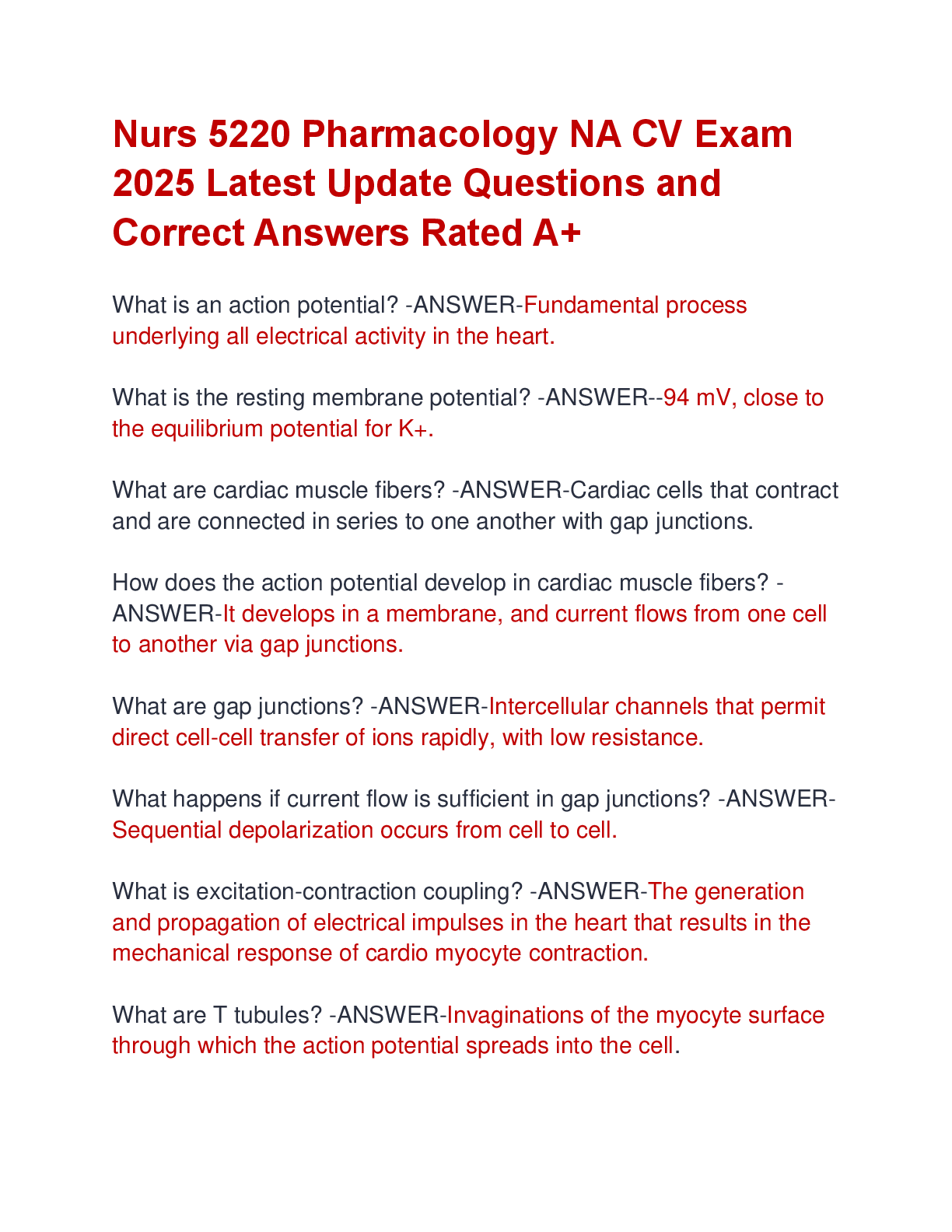 Preview image for Nurs 5220 Pharmacology NA CV Exam  2025 Latest Update Questions and  Correct Answers Rated A+