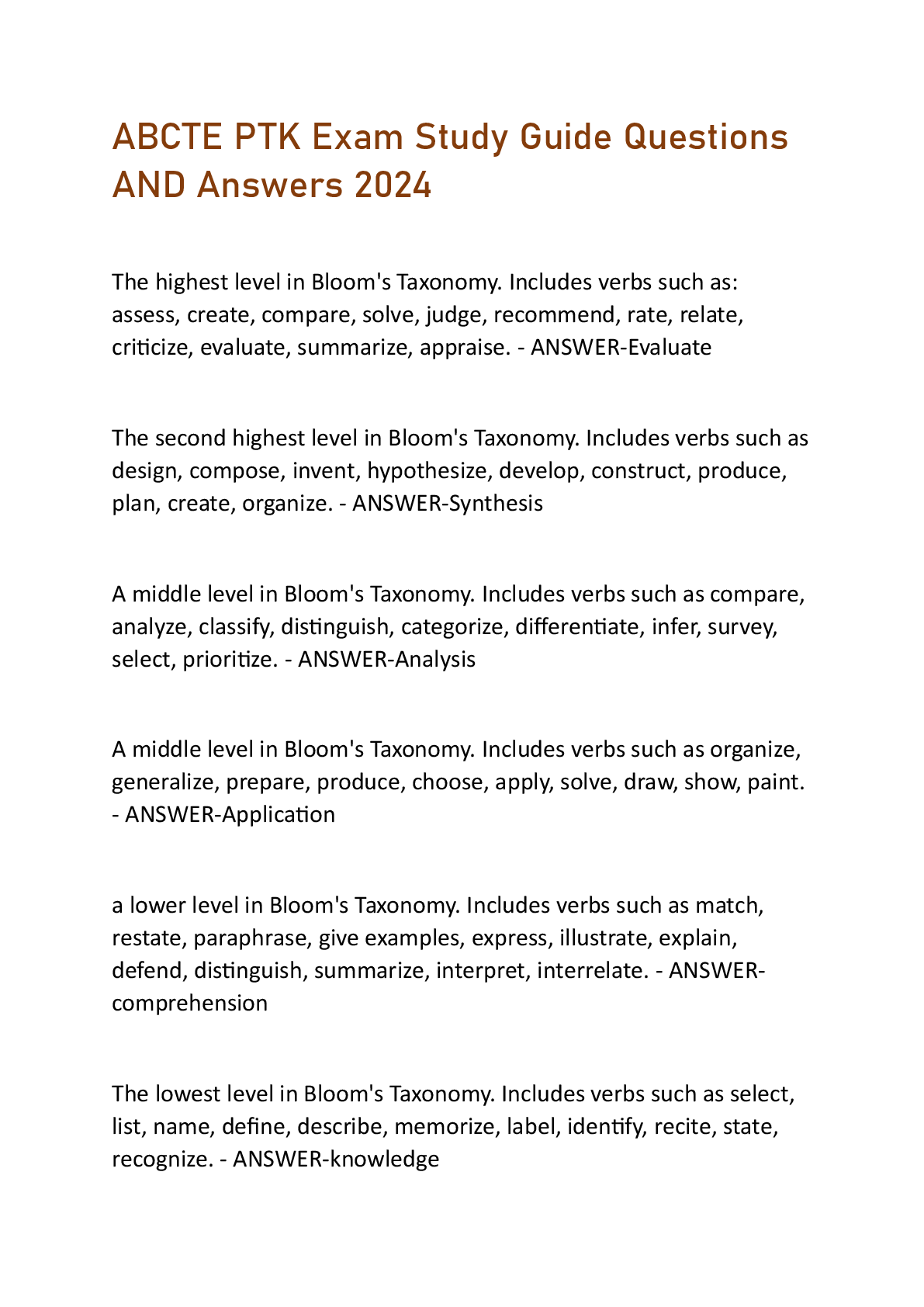 Preview of ABCTE PTK Exam Study Guide Questions  AND Answers 2024