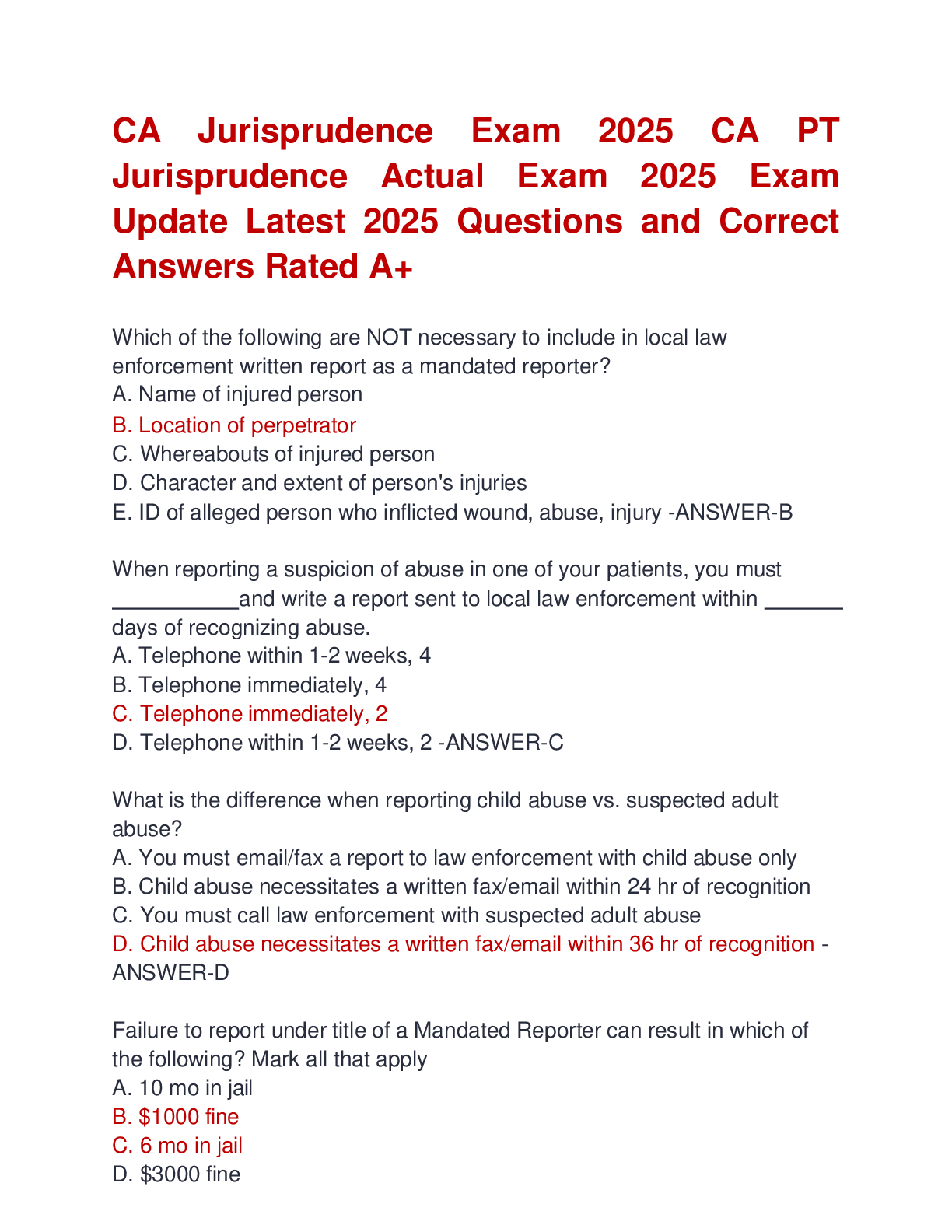Preview image for CA Jurisprudence Exam 2025 CA PT  Jurisprudence Actual Exam 2025 Exam  Update Latest 2025 Questions and Correct  Answers Rated A+