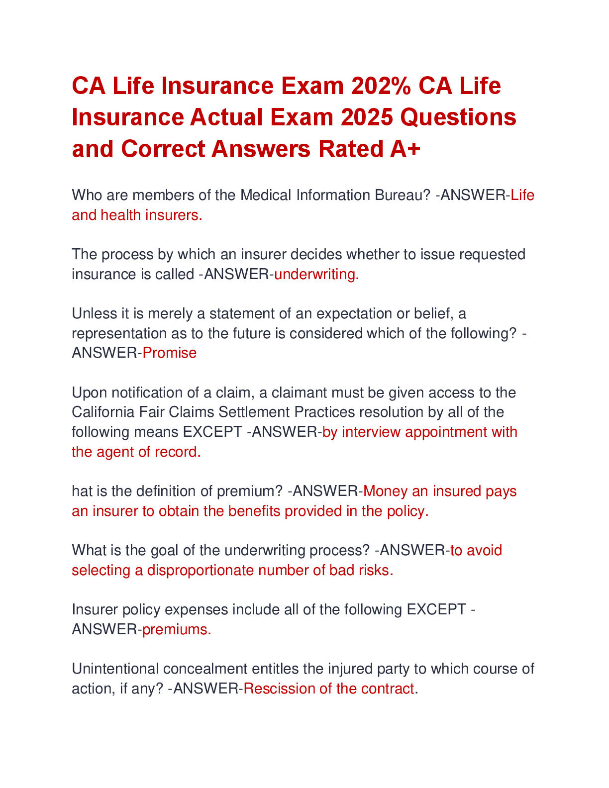 Preview image for CA Life Insurance Exam 202% CA Life  Insurance Actual Exam 2025 Questions  and Correct Answers Rated A+
