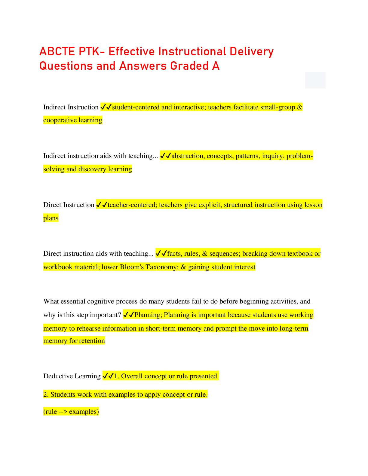 Preview image for ABCTE PTK- Effective Instructional Delivery  Questions and Answers Graded A