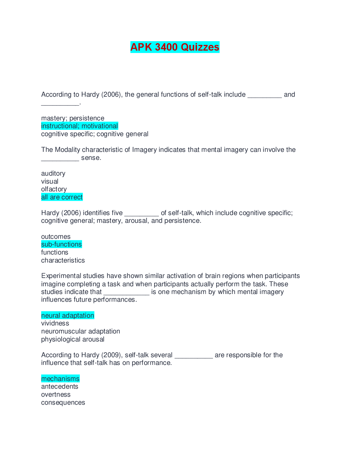 Preview of APK 3400 Quizzes | Questions and Answers (Complete Solutions)