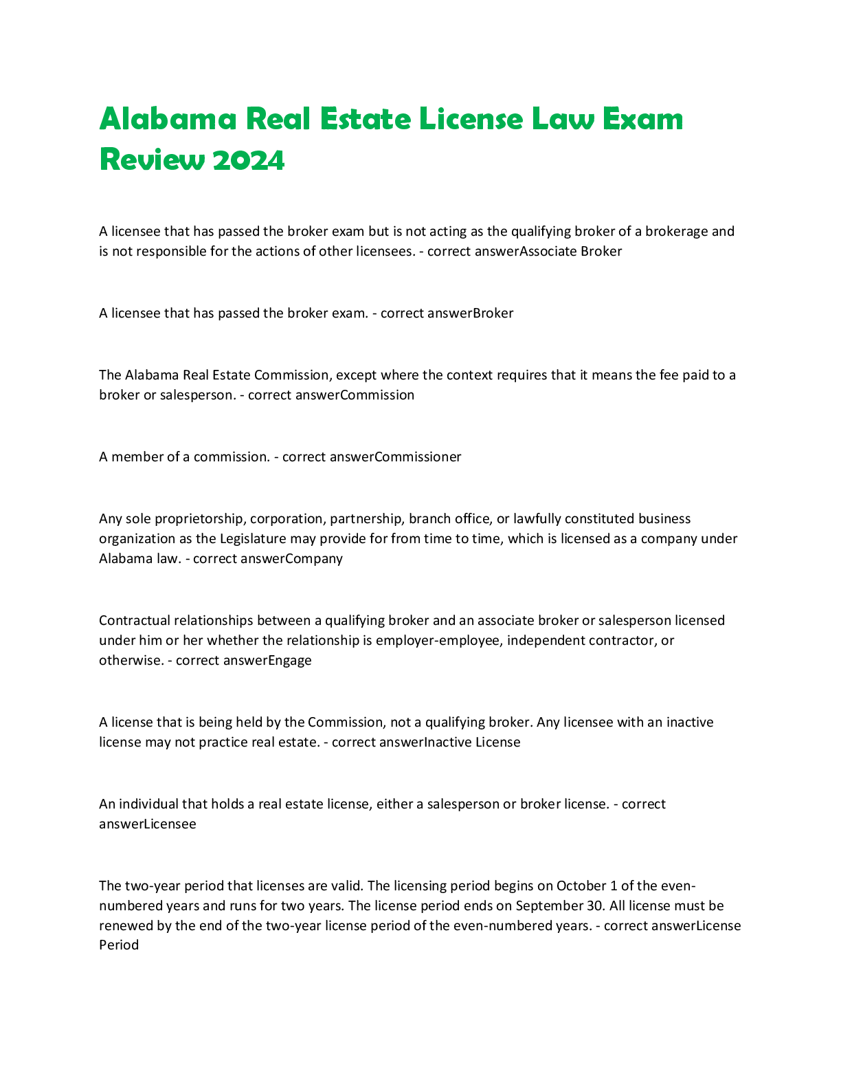 Preview of Alabama Real Estate License Law Exam  Review 2024