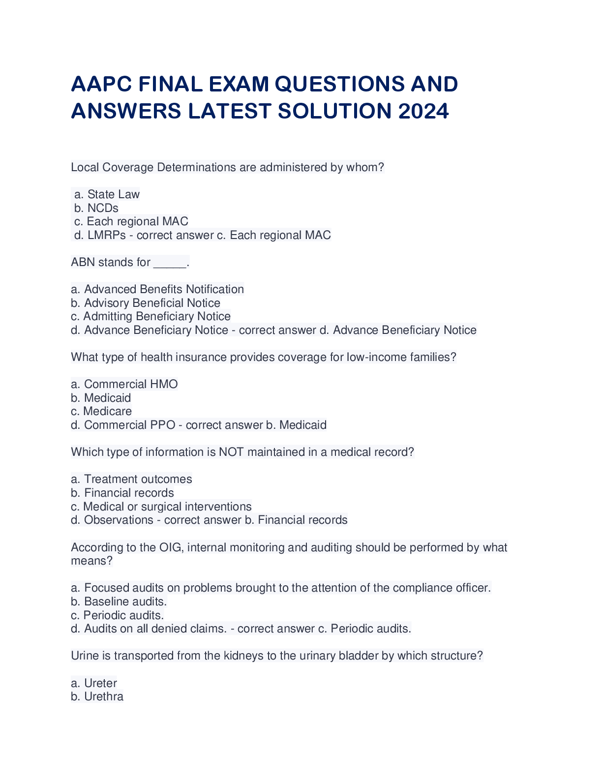 Preview of AAPC FINAL EXAM QUESTIONS AND  ANSWERS LATEST SOLUTION 2024