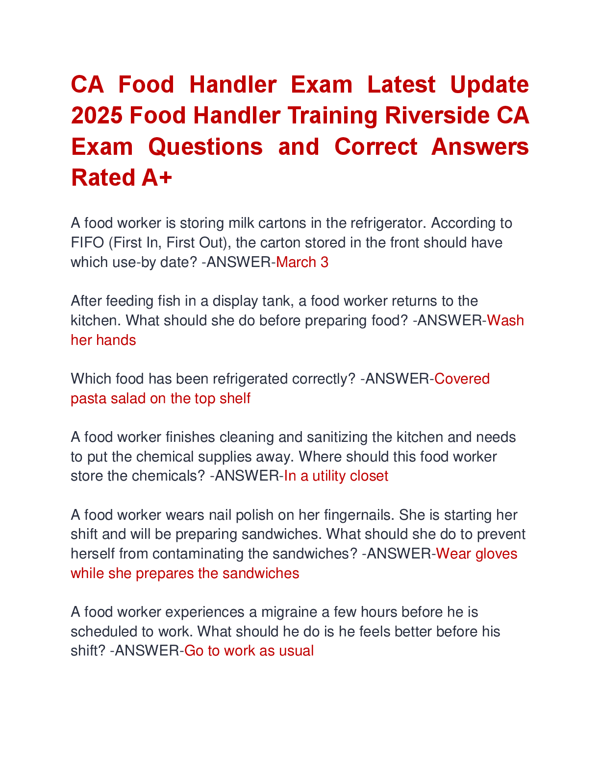 Preview image for CA Food Handler Exam Latest Update  2025 Food Handler Training Riverside CA  Exam Questions and Correct Answers  Rated A+