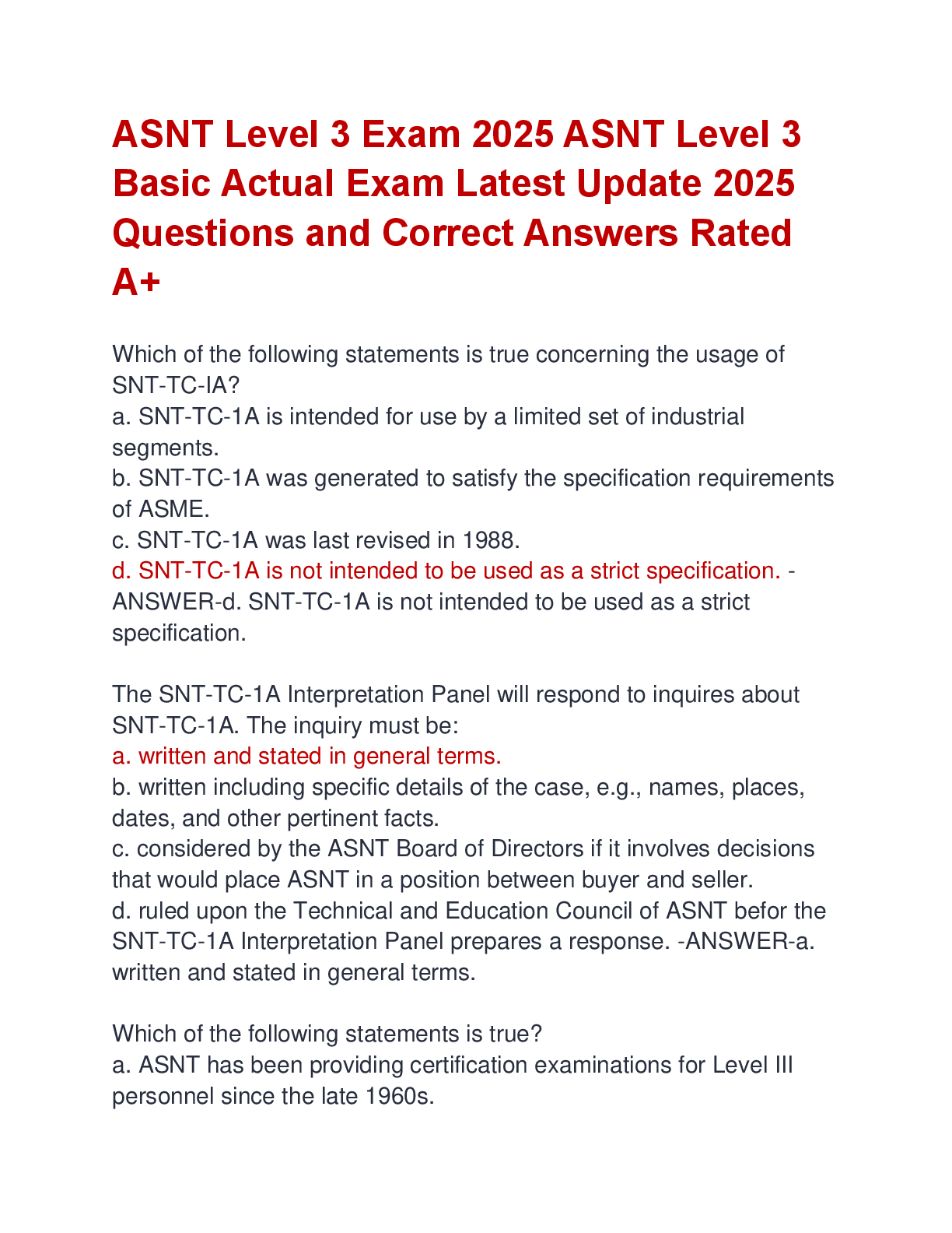 Preview image for ASNT Level 3 Exam 2025 ASNT Level 3  Basic Actual Exam Latest Update 2025  Questions and Correct Answers Rated  A+