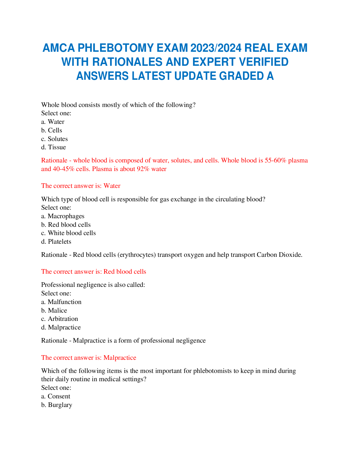 Preview image for AMCA PHLEBOTOMY EXAM 2023/2024 REAL EXAM  WITH RATIONALES AND EXPERT VERIFIED  ANSWERS LATEST UPDATE GRADED A