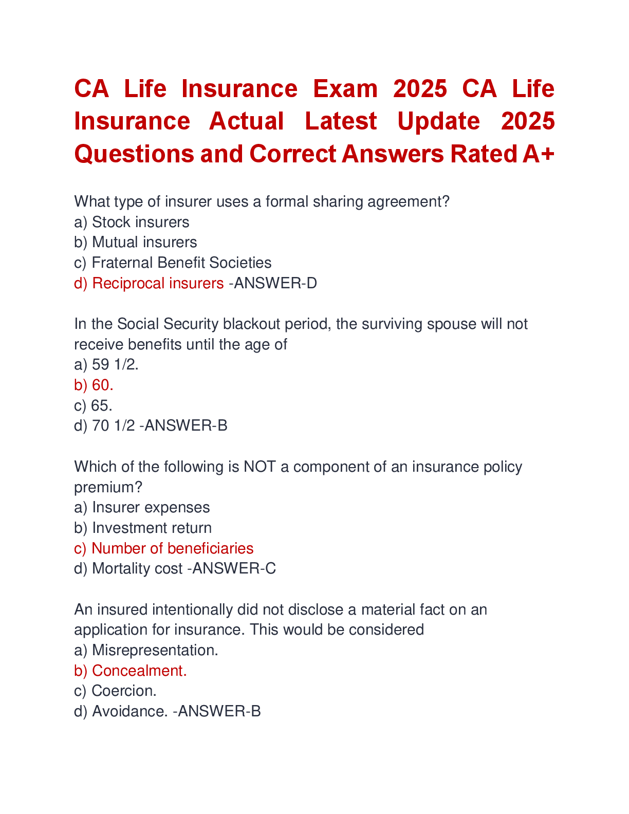 Preview image for CA Life Insurance Exam 2025 CA Life  Insurance Actual Latest Update 2025  Questions and Correct Answers Rated A+